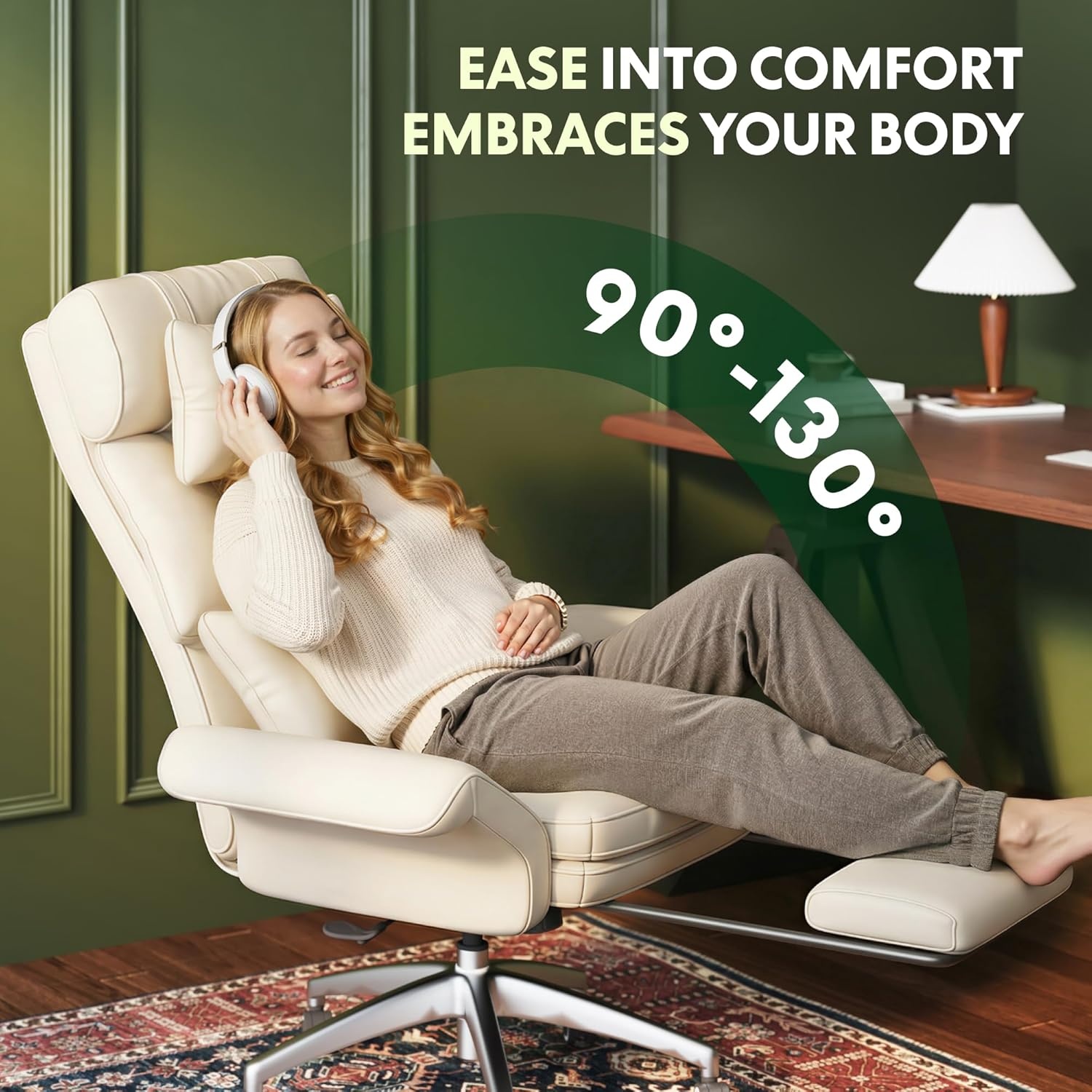 image:imageFLEXISPOT Oversized Big and Tall Office Chair 180 Flip Armrests for PetsampCross Legged Computer Desk Chair with Footrest Lounge Chairs for Home Office Gaming Working ScratchSafe Air Leather BeigeBeige Whiteleather