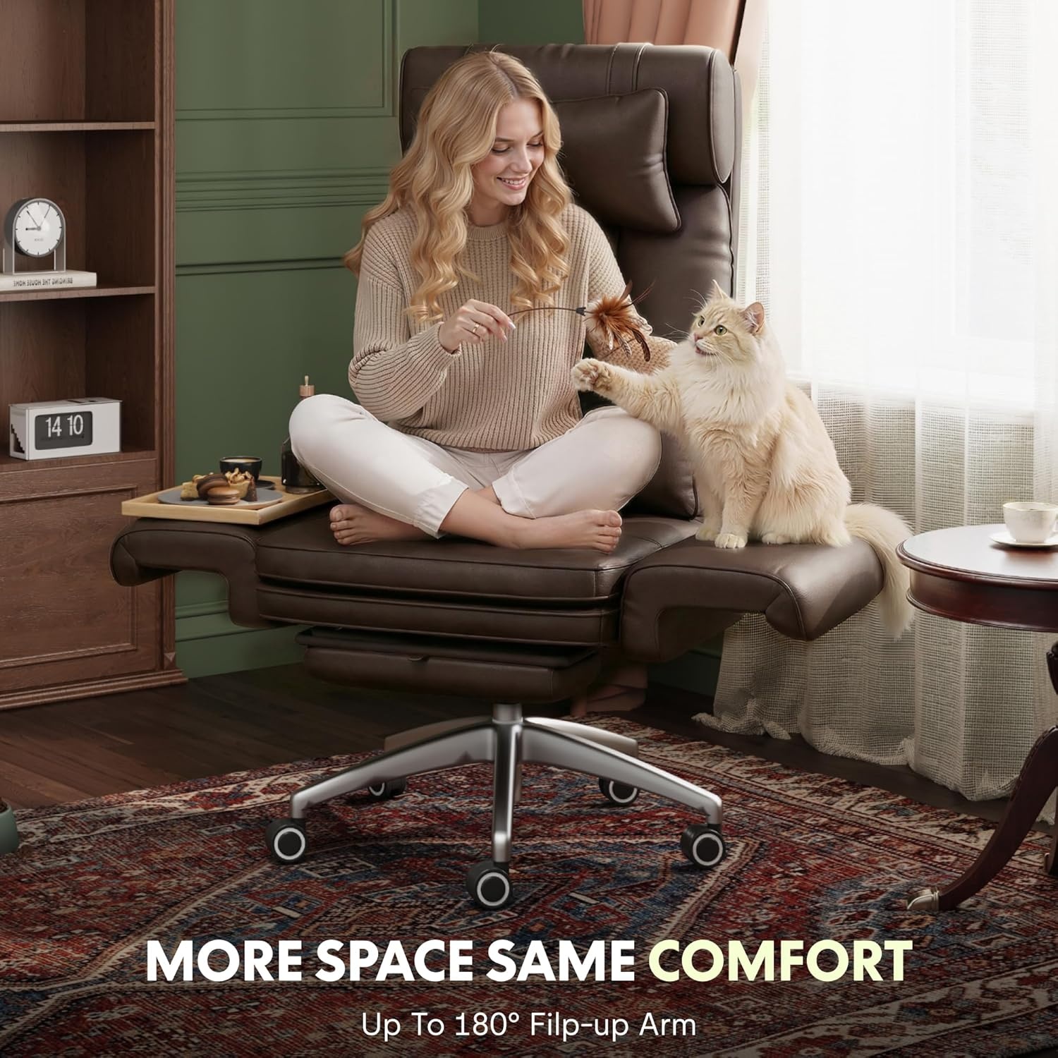 image:imageFLEXISPOT Oversized Big and Tall Office Chair 180 Flip Armrests for PetsampCross Legged Computer Desk Chair with Footrest Lounge Chairs for Home Office Gaming Working ScratchSafe Air Leather BeigeBrownleather