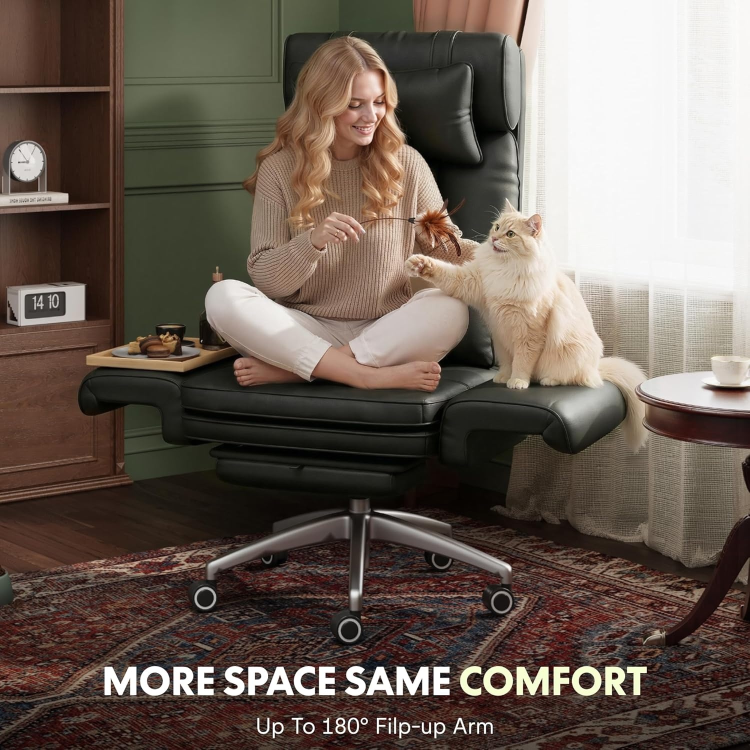 image:imageFLEXISPOT Oversized Big and Tall Office Chair 180 Flip Armrests for PetsampCross Legged Computer Desk Chair with Footrest Lounge Chairs for Home Office Gaming Working ScratchSafe Air Leather BeigeBlackleather