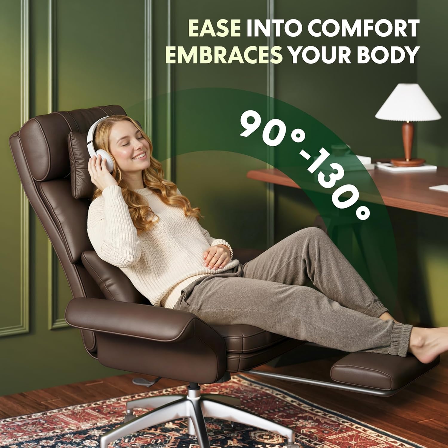 image:imageFLEXISPOT Oversized Lounge Chair Indoor with Convertible Seat Width up to 44in Wheels Footrest 180 Flip Armrests Chairs for Living Room Study Working Relaxing ScratchResistant Leather BlackBrown
