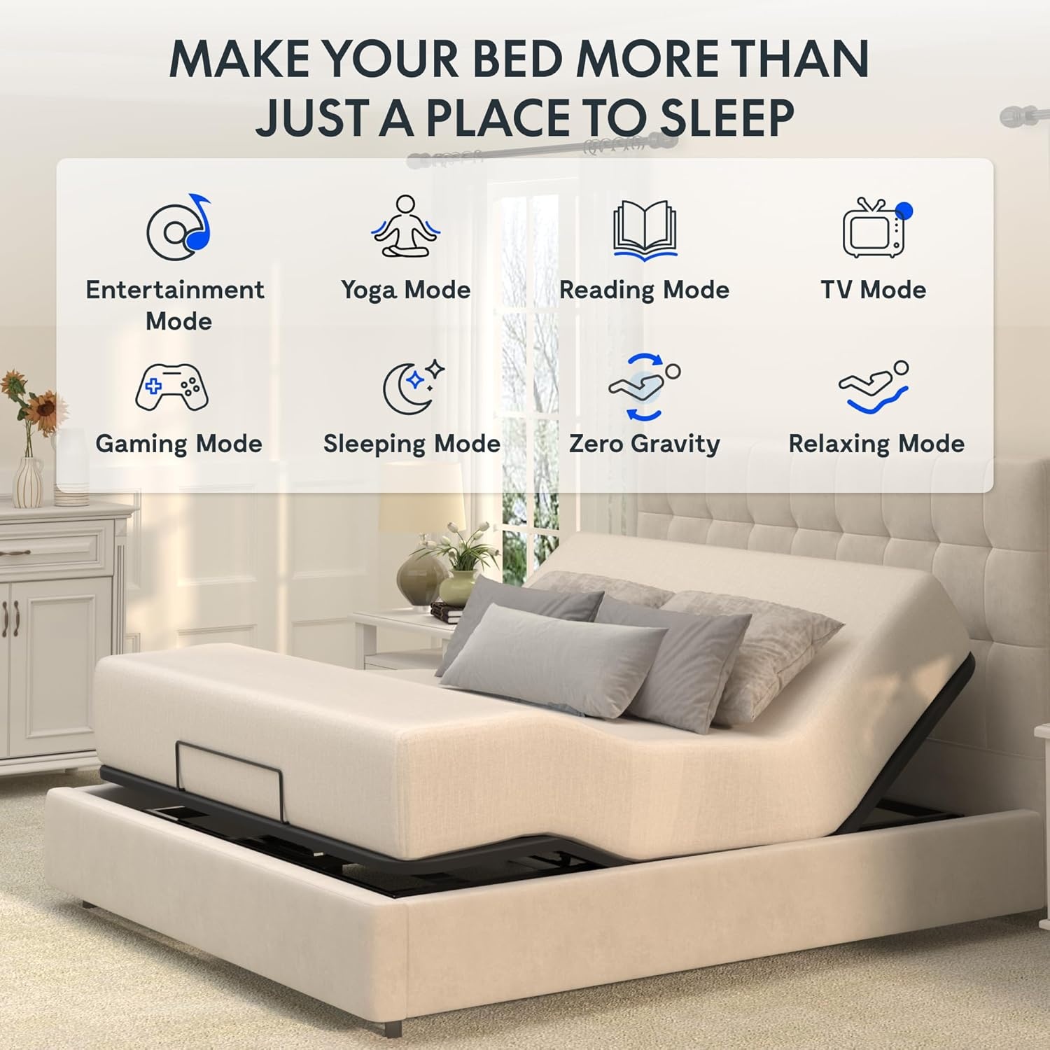 image:imageFLEXISPOT S2E Adjustable Bed Frame Base QueenOnePerson Transport and AssemblyAdjustable Bed LegsOxford Fabric BedspreadWired RemoteWhisper Quiet Durable MotorMattress Holder