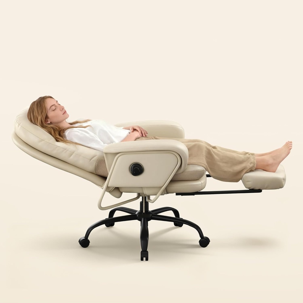 image:imageFLEXISPOT 2in1 Chaise Lounge Chair Indoor with Wheels Footrest 90165 Reclining Lumbar Support Home Office Chairs for Living Room Bedroom Study Relaxing Working PU Leather Black HC4Beige White
