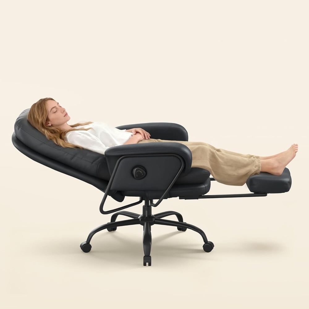 image:imageFLEXISPOT 2in1 Chaise Lounge Chair Indoor with Wheels Footrest 90165 Reclining Lumbar Support Home Office Chairs for Living Room Bedroom Study Relaxing Working PU Leather Black HC4Black