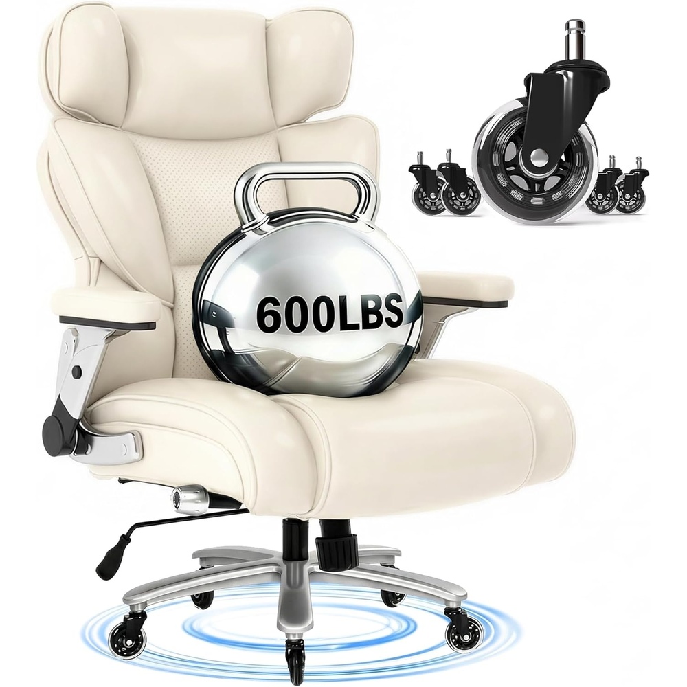 image:imageFLEXISPOT 600lbs Big and Tall Office Chair for Heavy People Heavy Duty Computer Desk Chair with Dynamic Lumbar Support 2D Armrest Blade Wheels Chairs for Home Office Gaming Working Leather BlackBeige Whiteleather