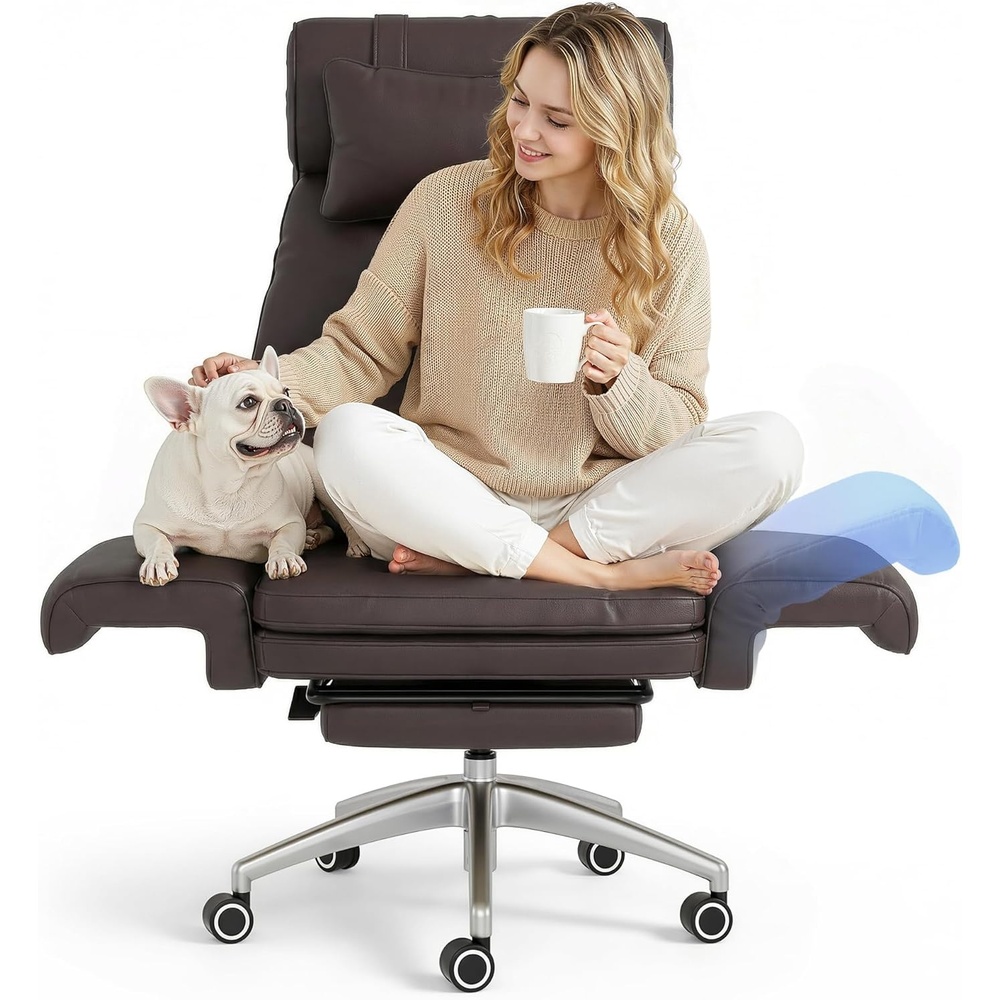 image:imageFLEXISPOT Oversized Big and Tall Office Chair 180 Flip Armrests for PetsampCross Legged Computer Desk Chair with Footrest Lounge Chairs for Home Office Gaming Working ScratchSafe Air Leather BeigeBrownleather