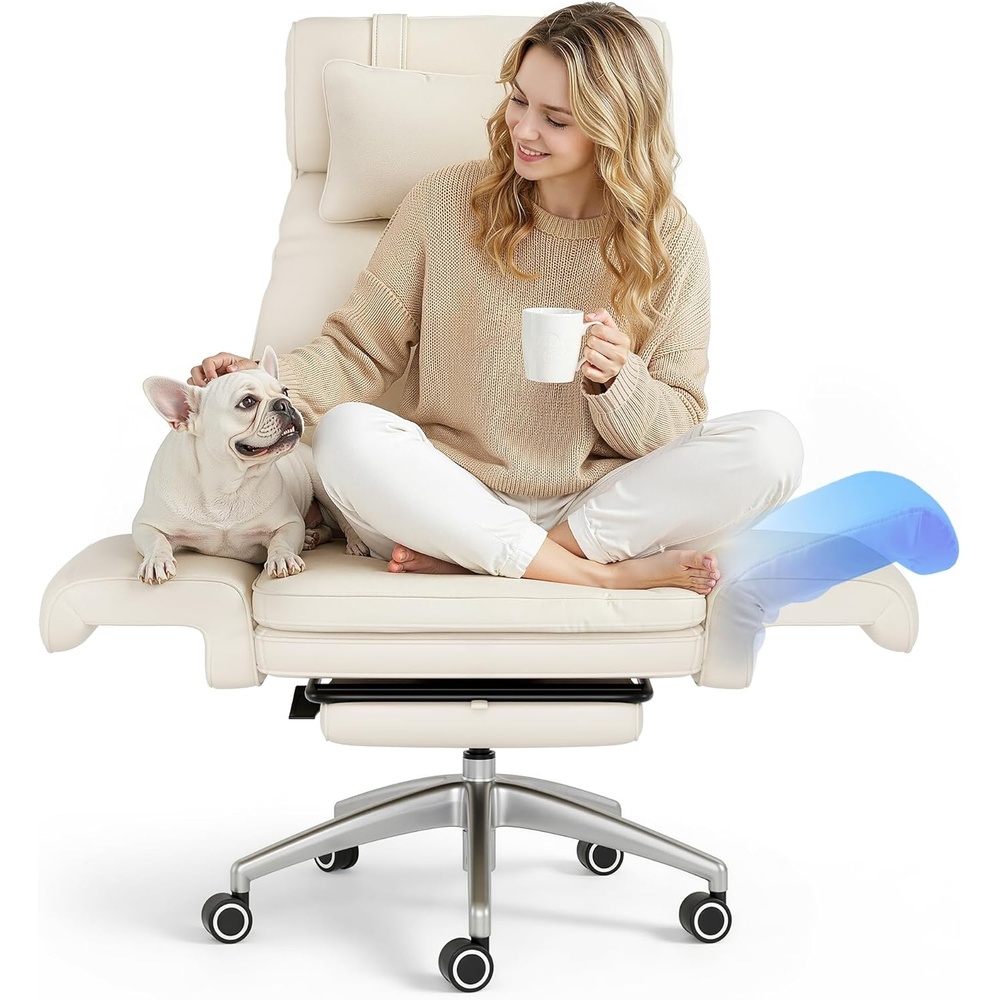 image:imageFLEXISPOT Oversized Big and Tall Office Chair 180 Flip Armrests for PetsampCross Legged Computer Desk Chair with Footrest Lounge Chairs for Home Office Gaming Working ScratchSafe Air Leather BeigeBeige Whiteleather