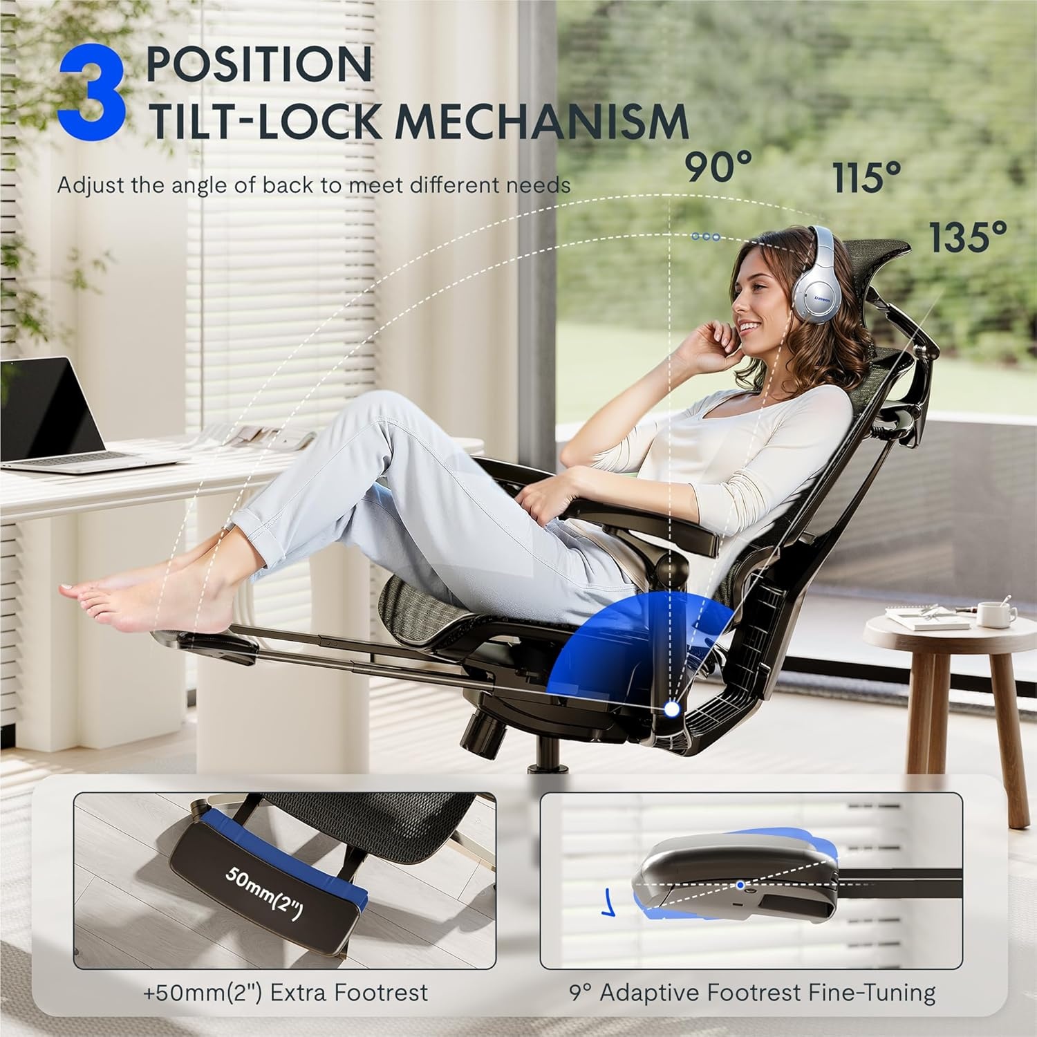 image:imageFLEXISPOT ErgoX Premium Ergonomic Office Chair with Footrest Adjustable 3D Armrests Dynamic Lumbar Support Recline amp Tilt Function Mesh Seat for Home amp Office Use BlackCloudtech Black