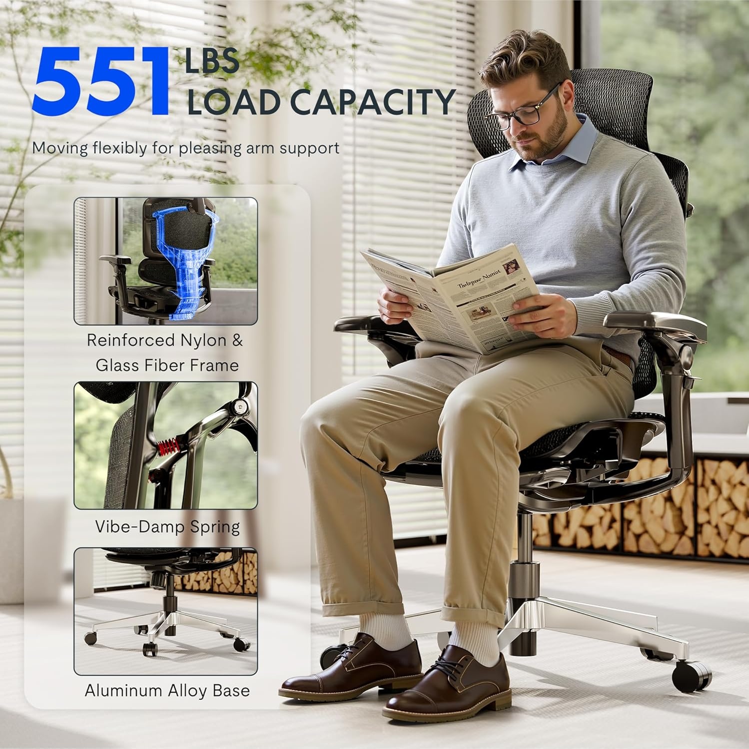 image:imageFLEXISPOT ErgoX Premium Ergonomic Office Chair with Footrest Adjustable 3D Armrests Dynamic Lumbar Support Recline amp Tilt Function Mesh Seat for Home amp Office Use BlackCloudtech Black