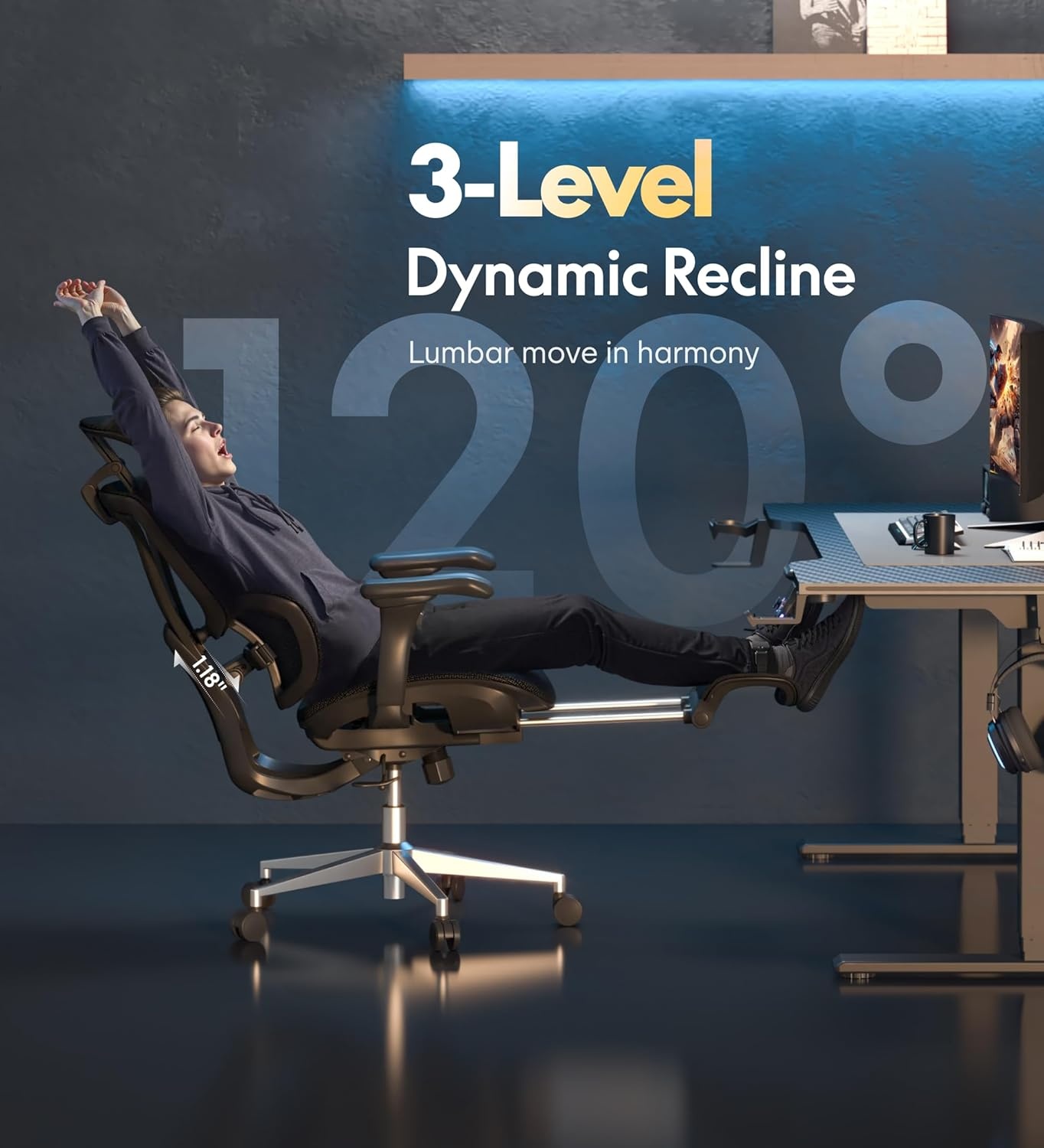 image:imageFLEXISPOT Sentinel Ergonomic Gaming Chair with 3Year Warranty DualWing Adaptive Lumbar 3D Armrests 120 3Position Recline HeightAdjustable Backrest Premium Computer Desk Chair for Home amp OfficeBlack