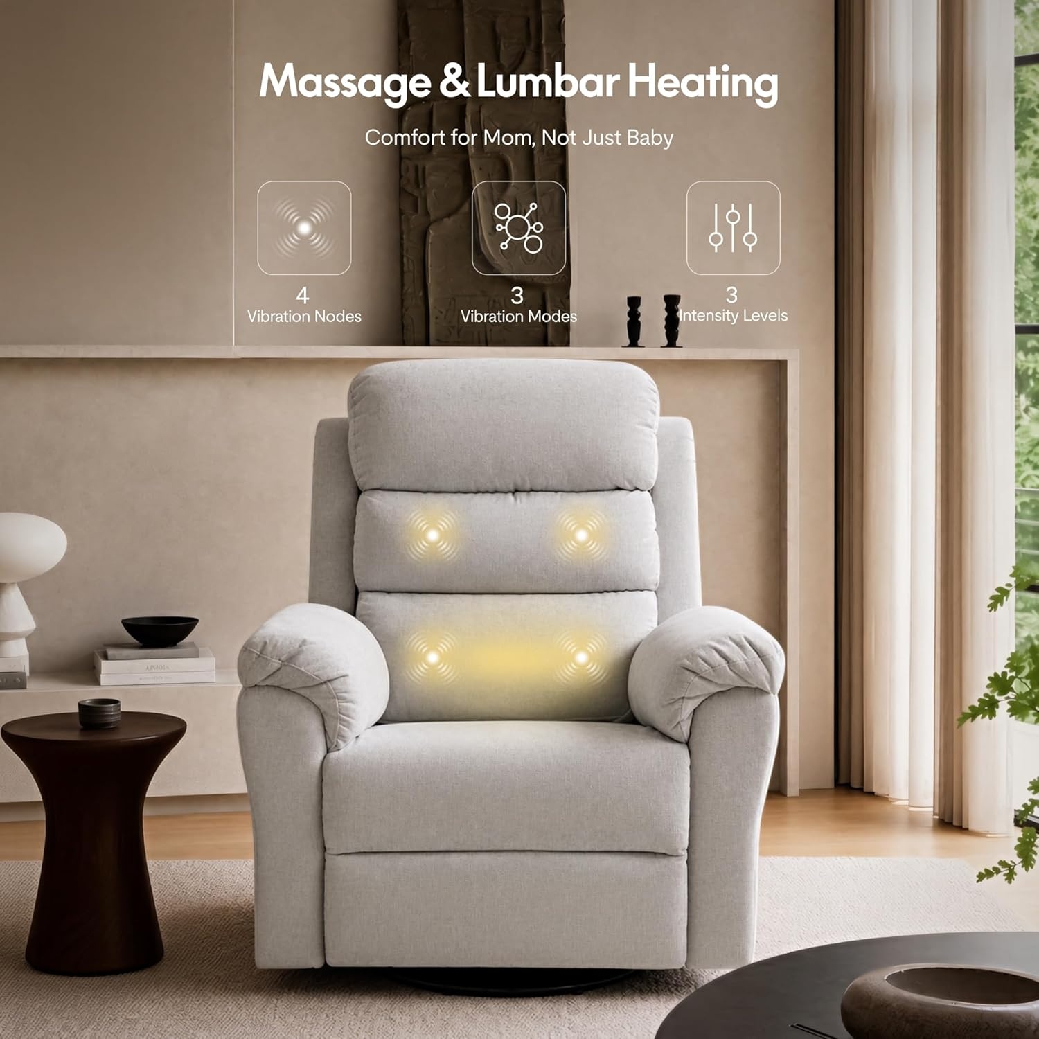 image:imageFLEXISPOT Souffle Swivel Rocker Recliner Chair for Adults Nursery Rocking Glider Chair with Massage amp Heat FSC Wood Frame Manual Recliner for Living Room Nursery amp Relaxation Light GreyLight Grey