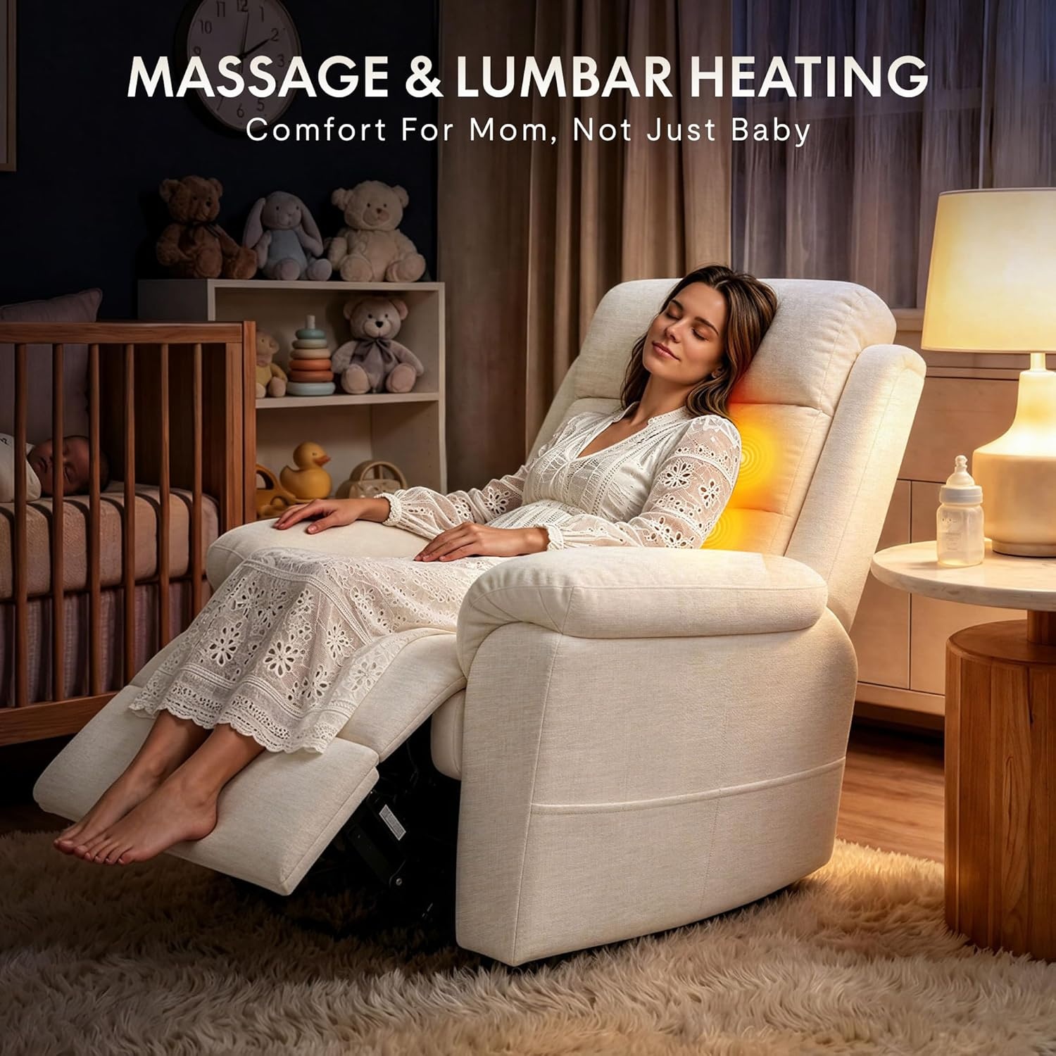 image:imageFLEXISPOT Souffle Swivel Rocker Recliner Chair for Adults Nursery Rocking Glider Chair with Massage amp Heat FSC Wood Frame Manual Recliner for Living Room Nursery amp Relaxation Light GreyWhite