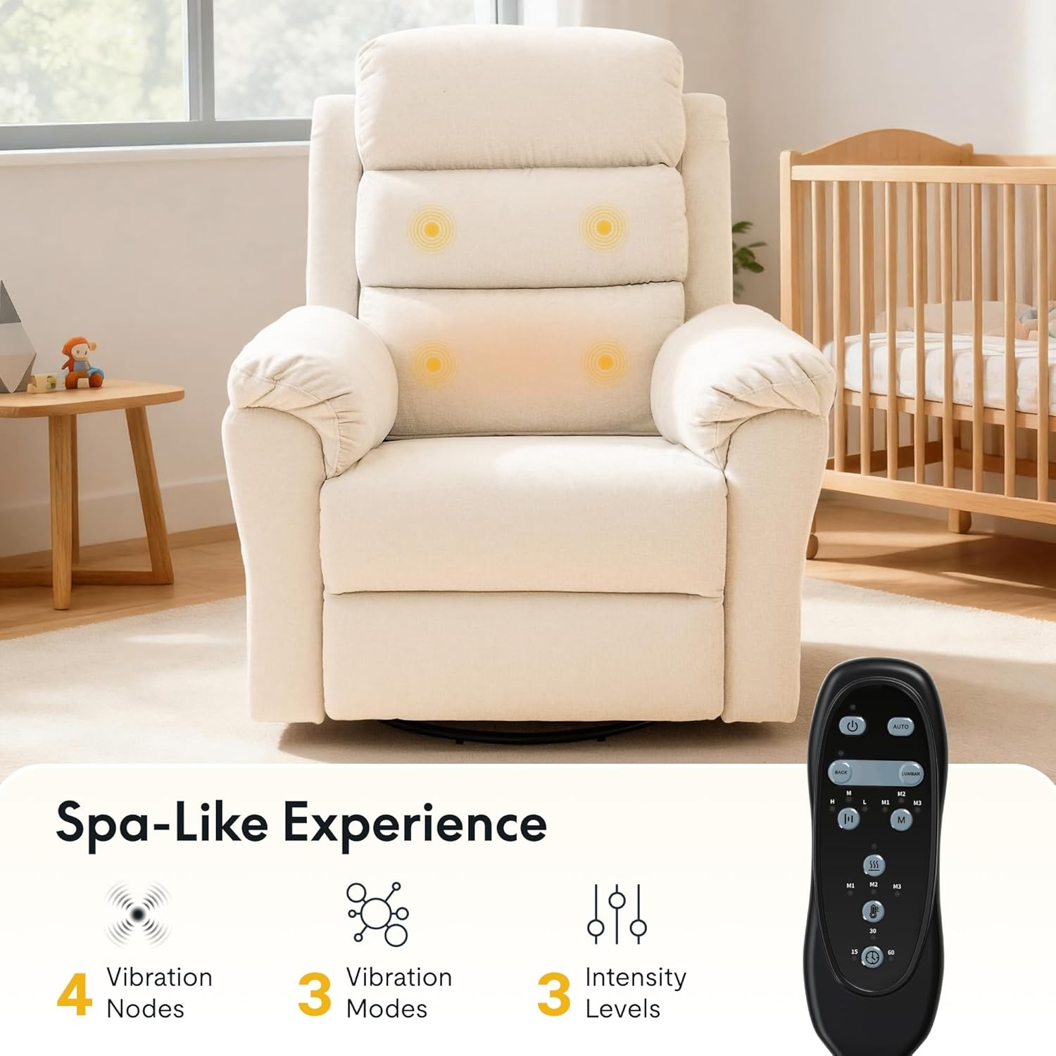 image:imageFLEXISPOT Souffle Swivel Rocker Recliner Chair for Adults Nursery Rocking Glider Chair with Massage amp Heat FSC Wood Frame Manual Recliner for Living Room Nursery amp Relaxation Light GreyWhite