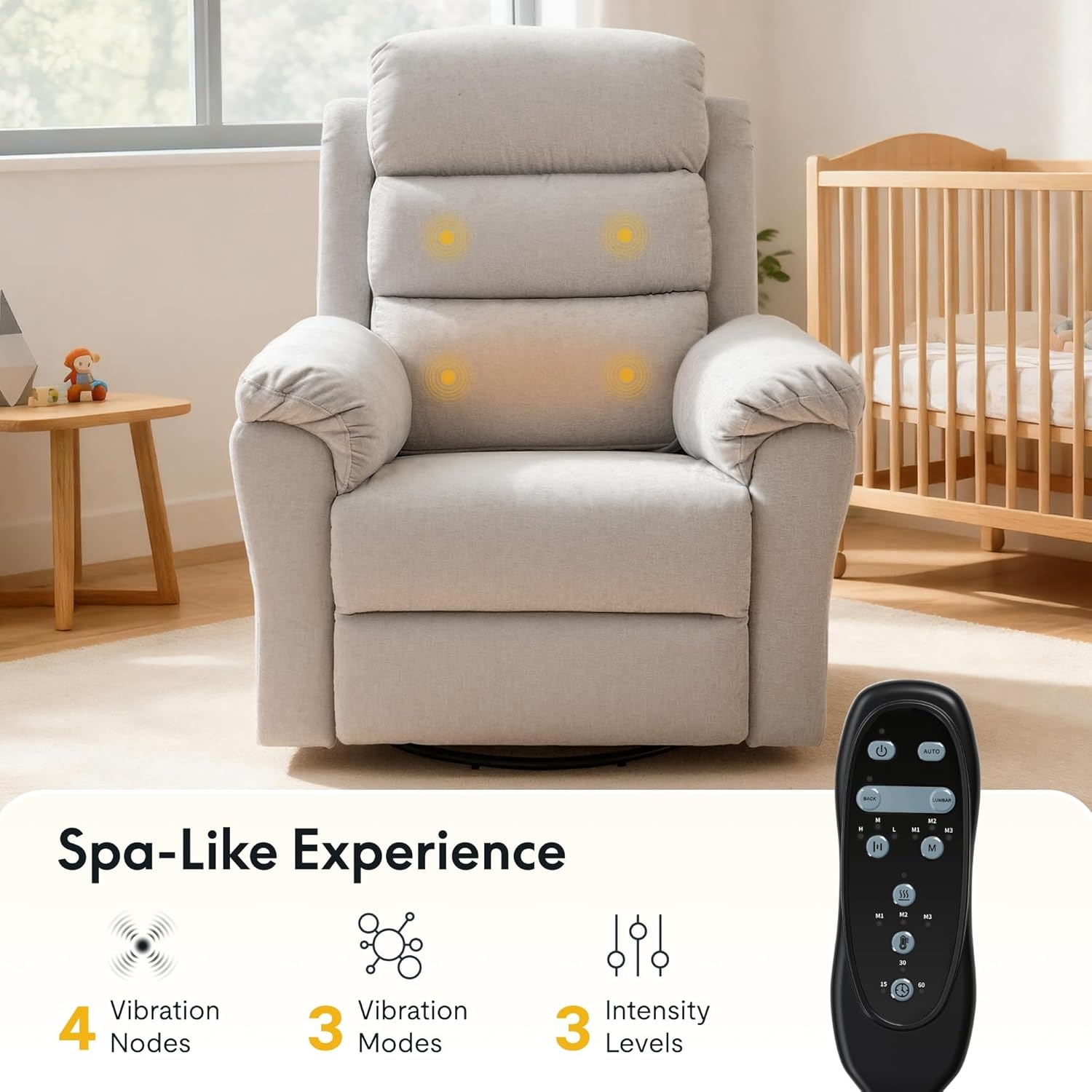 image:imageFLEXISPOT Souffle Swivel Rocker Recliner Chair for Adults Nursery Rocking Glider Chair with Massage amp Heat FSC Wood Frame Manual Recliner for Living Room Nursery amp Relaxation Light GreyLight Grey