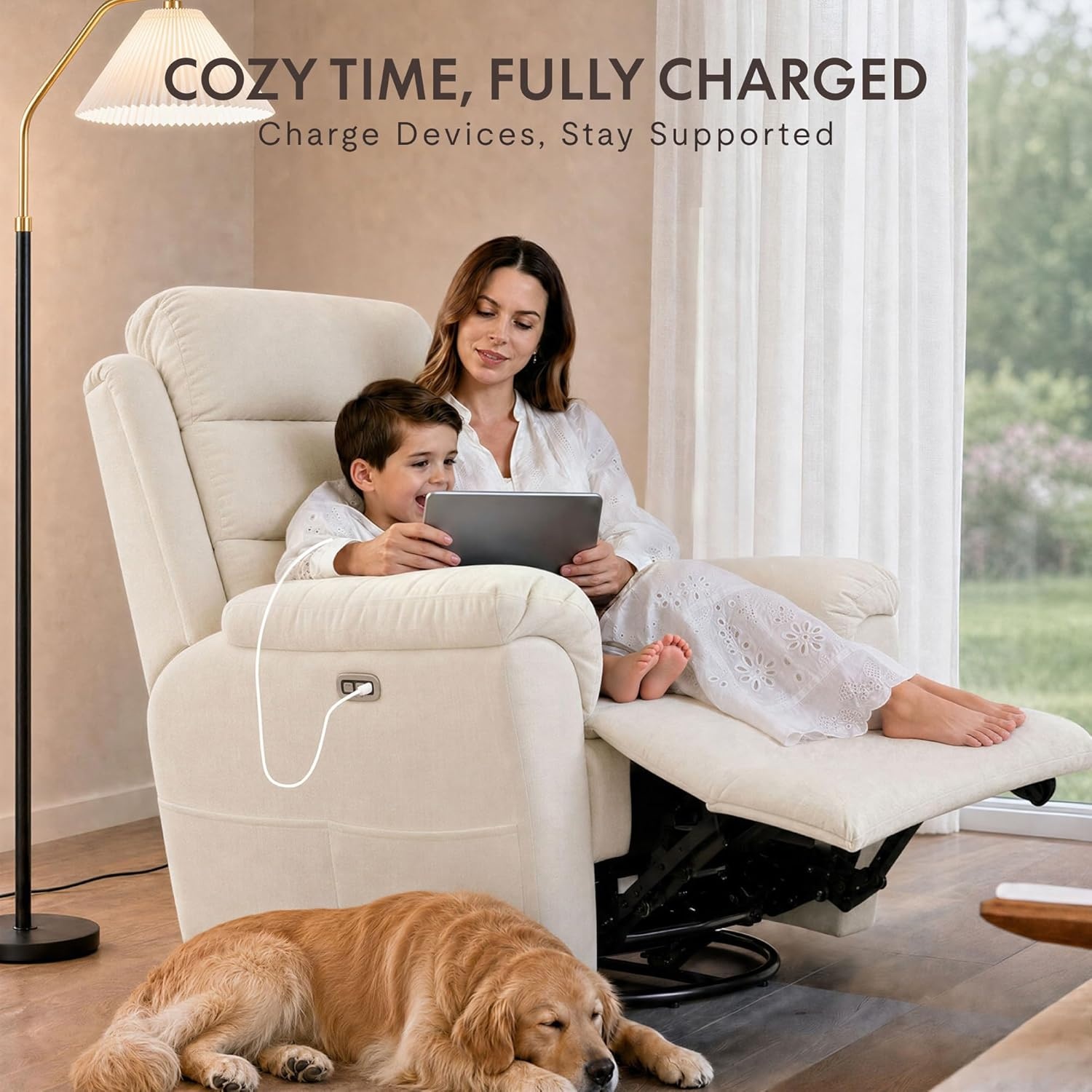 image:imageFLEXISPOT Souffle Swivel Rocker Recliner Chair for Adults Nursery Rocking Glider Chair with Massage amp Heat FSC Wood Frame Manual Recliner for Living Room Nursery amp Relaxation Light GreyWhite