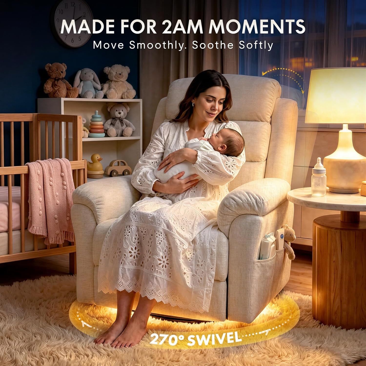 image:imageFLEXISPOT Souffle Swivel Rocker Recliner Chair for Adults Nursery Rocking Glider Chair with Massage amp Heat FSC Wood Frame Manual Recliner for Living Room Nursery amp Relaxation Light GreyWhite