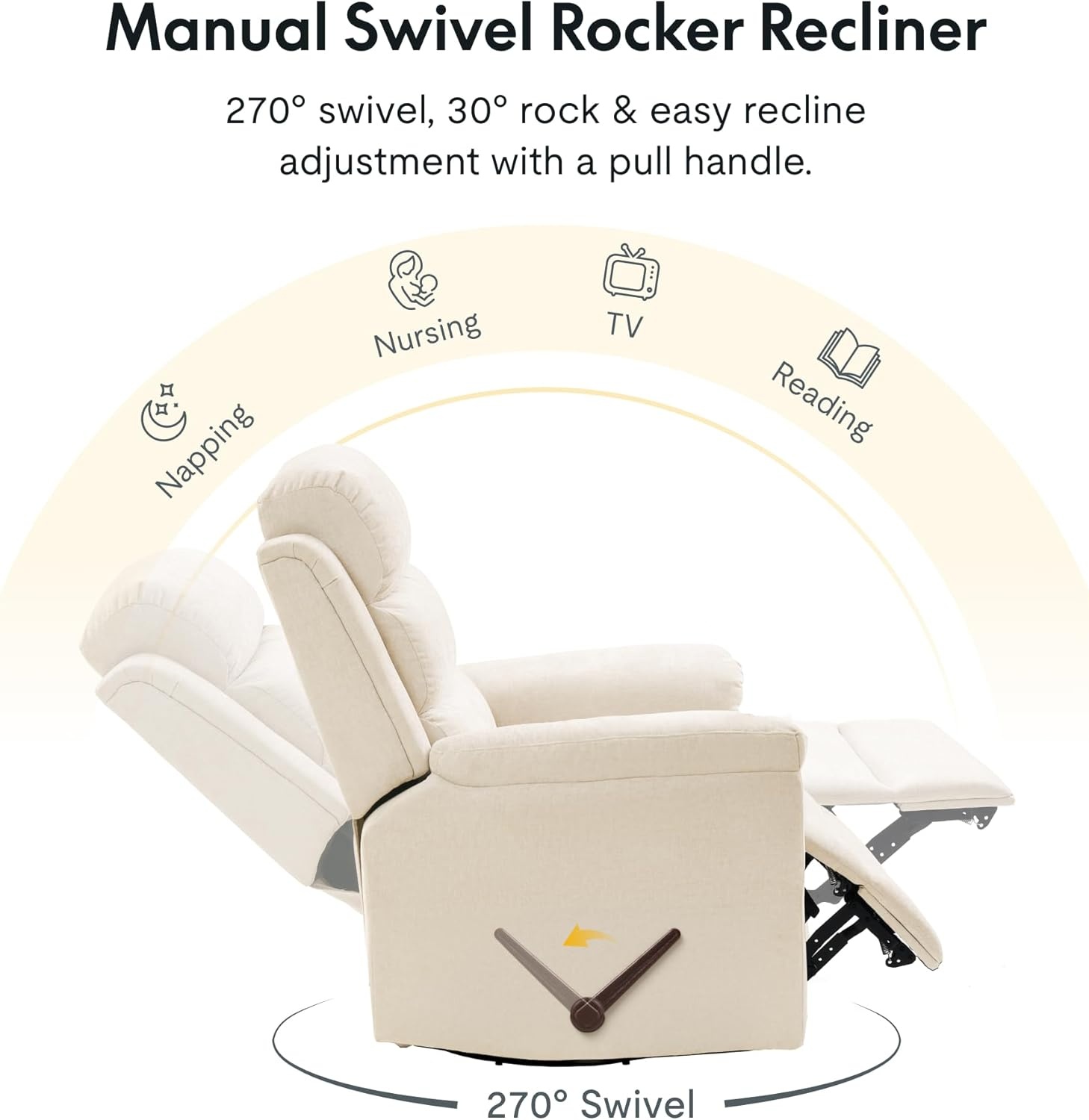 image:imageFLEXISPOT Souffle Swivel Rocker Recliner Chair for Adults Nursery Rocking Glider Chair with Massage amp Heat FSC Wood Frame Manual Recliner for Living Room Nursery amp Relaxation Light GreyWhite