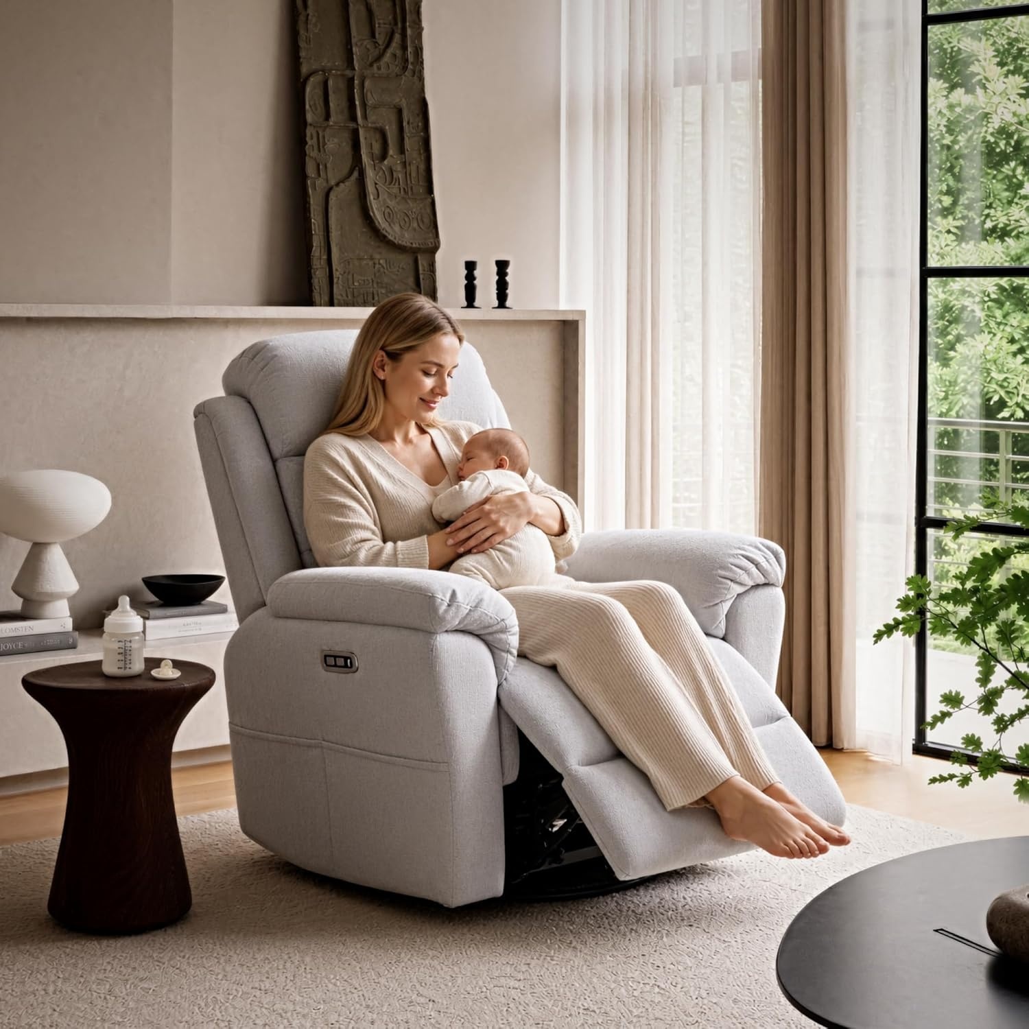 image:imageFLEXISPOT Souffle Swivel Rocker Recliner Chair for Adults Nursery Rocking Glider Chair with Massage amp Heat FSC Wood Frame Manual Recliner for Living Room Nursery amp Relaxation Light GreyLight Grey