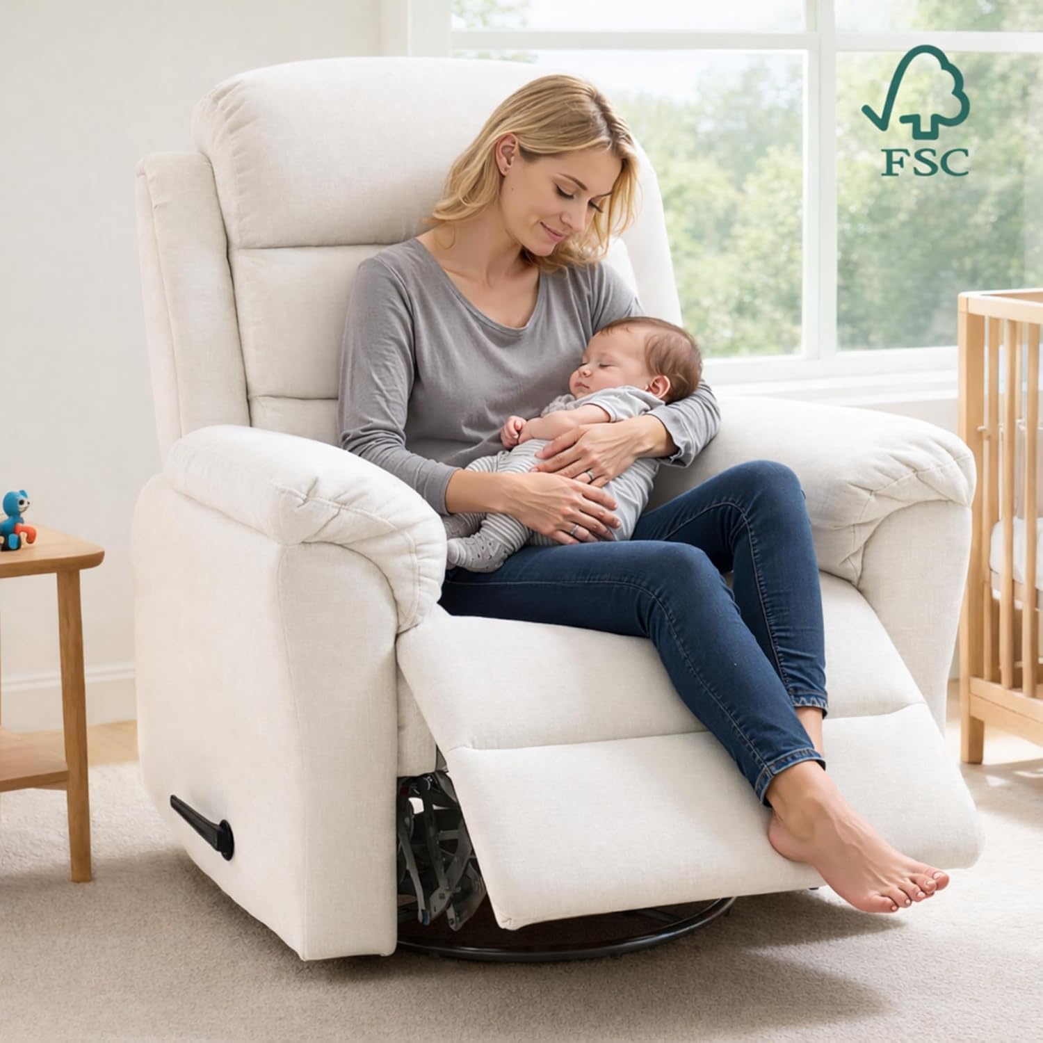 image:imageFLEXISPOT Souffle Swivel Rocker Recliner Chair for Adults Nursery Rocking Glider Chair with Massage amp Heat FSC Wood Frame Manual Recliner for Living Room Nursery amp Relaxation Light GreyWhite