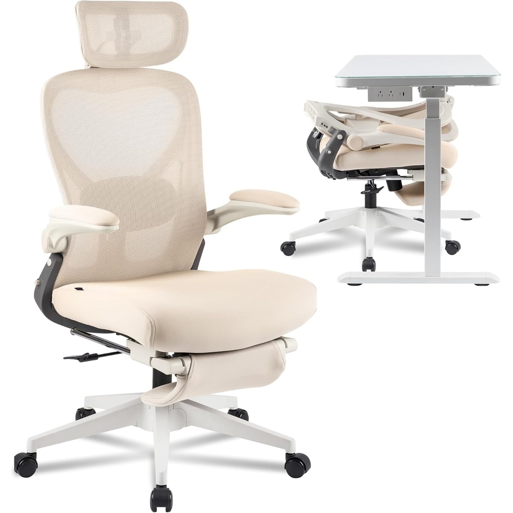 image:imageFLEXISPOT Foldex Ergonomic Office Chair Folding Chair for Small Spaces with Lumbar Support Flipup Armrests 3D Headrest Desk Chairs with Footrest for WorkVideo GameGift Foam Seat BlackCream