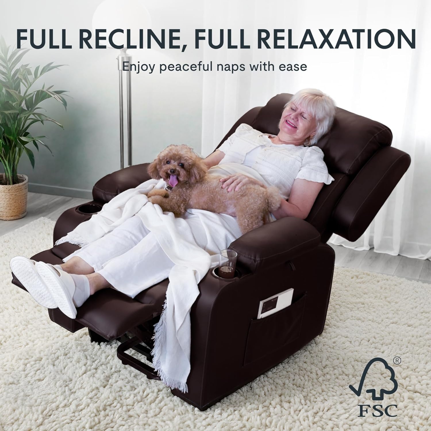 image:imageFLEXISPOT XL31 Power Lift Recliner Chair for Elderly Electric Lift Chair with Massage amp Heat PU Leather Reclining Sofa wCup Holders Side Pockets for Living Room BedroomMedium SizeBlackDarkbrown