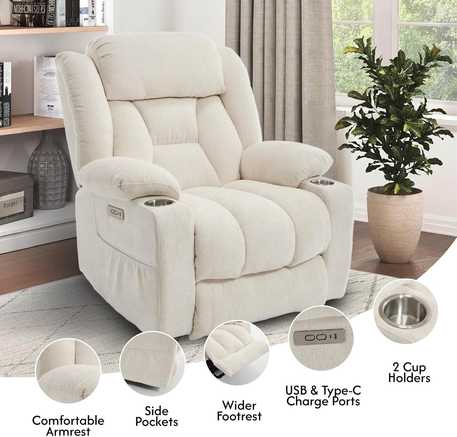 image:imageFLEXISPOT XL31 Power Lift Recliner Chair for Elderly Electric Lift Chair with Massage amp Heat PU Leather Reclining Sofa wCup Holders Side Pockets for Living Room BedroomMedium SizeBlackBeige