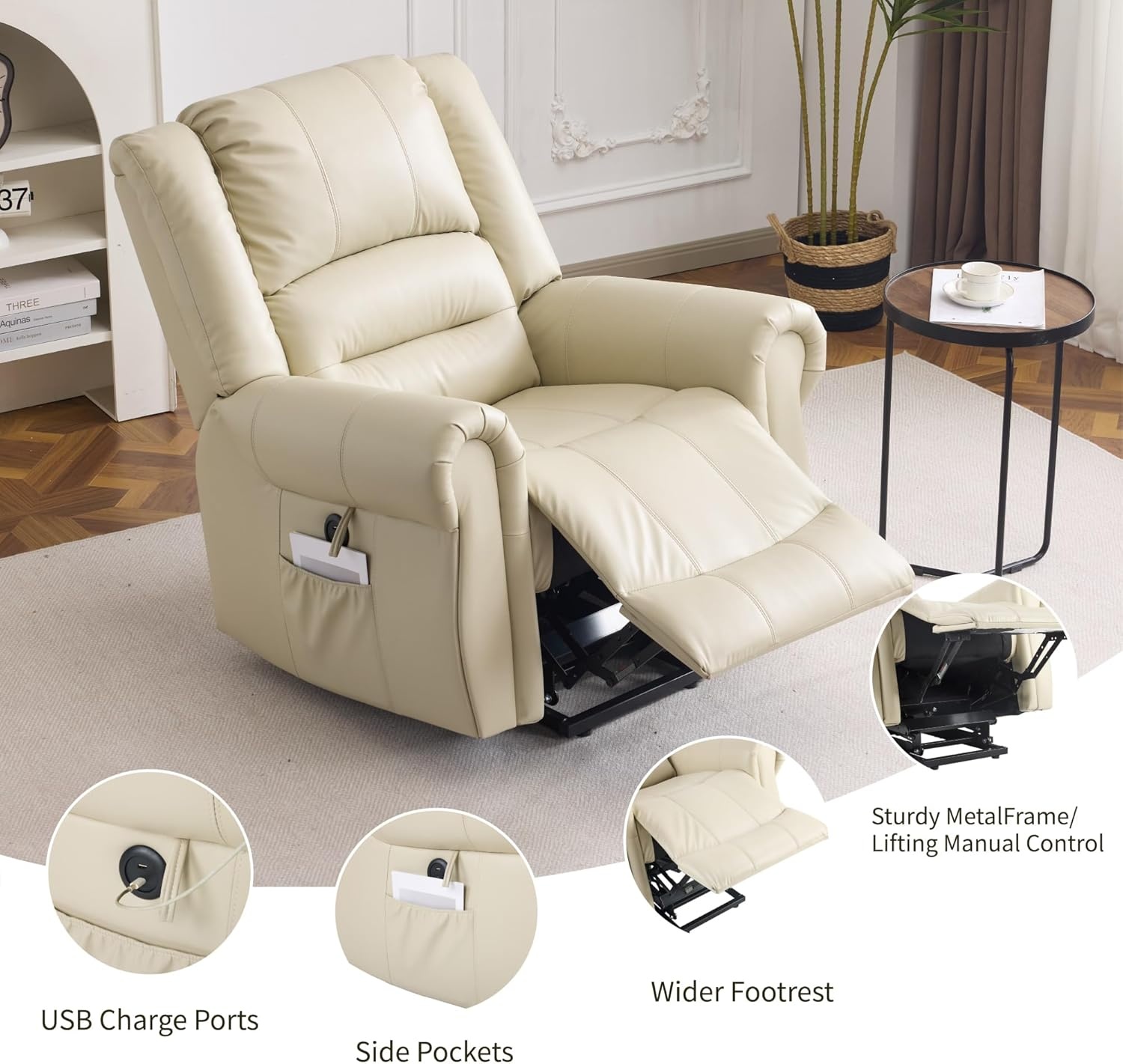 image:imageFLEXISPOT XL31 Power Lift Recliner Chair for Elderly Electric Lift Chair with Massage amp Heat PU Leather Reclining Sofa wCup Holders Side Pockets for Living Room BedroomMedium SizeBlackCream