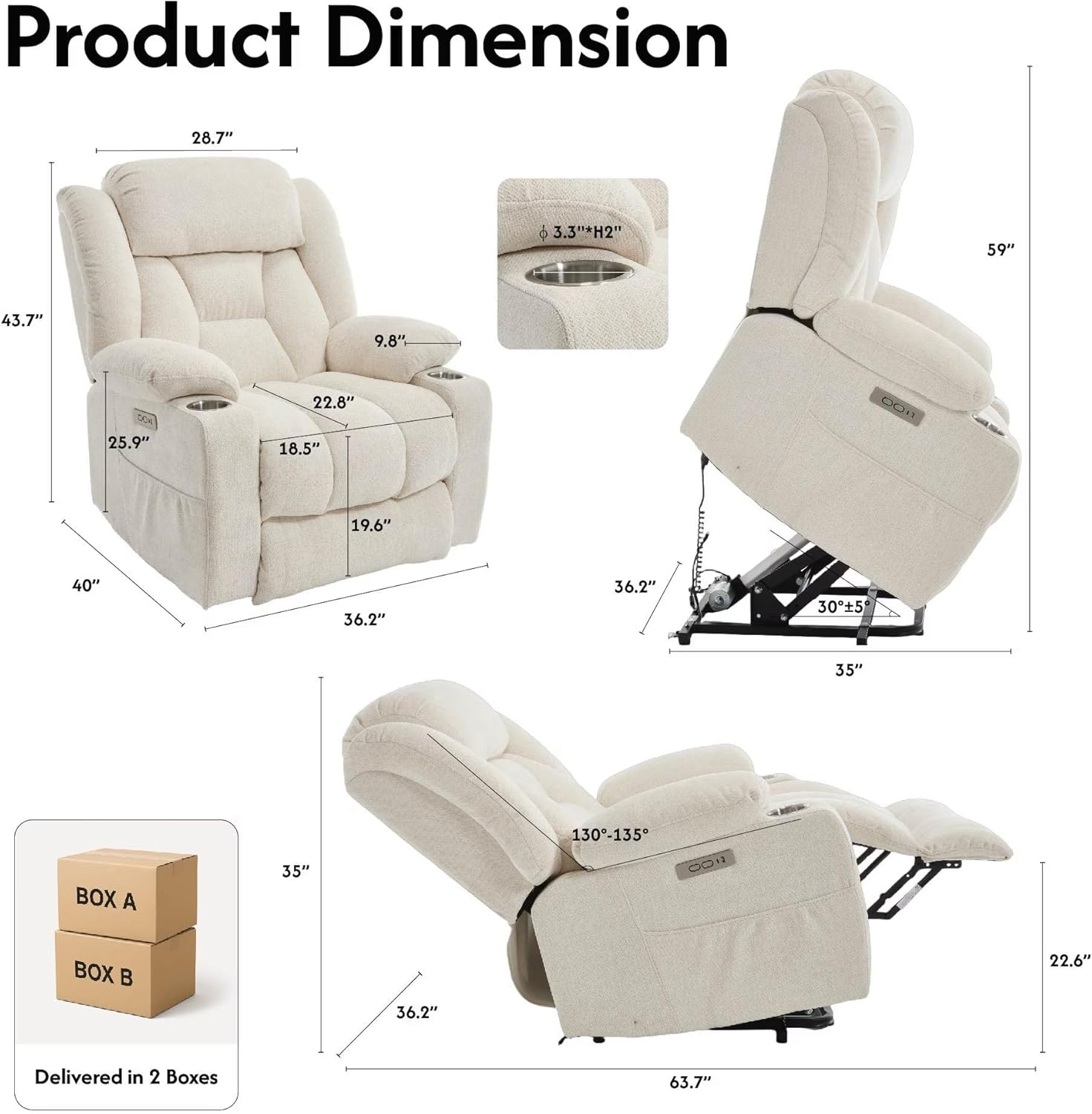 image:imageFLEXISPOT XL31 Power Lift Recliner Chair for Elderly Electric Lift Chair with Massage amp Heat PU Leather Reclining Sofa wCup Holders Side Pockets for Living Room BedroomMedium SizeBlackBeige