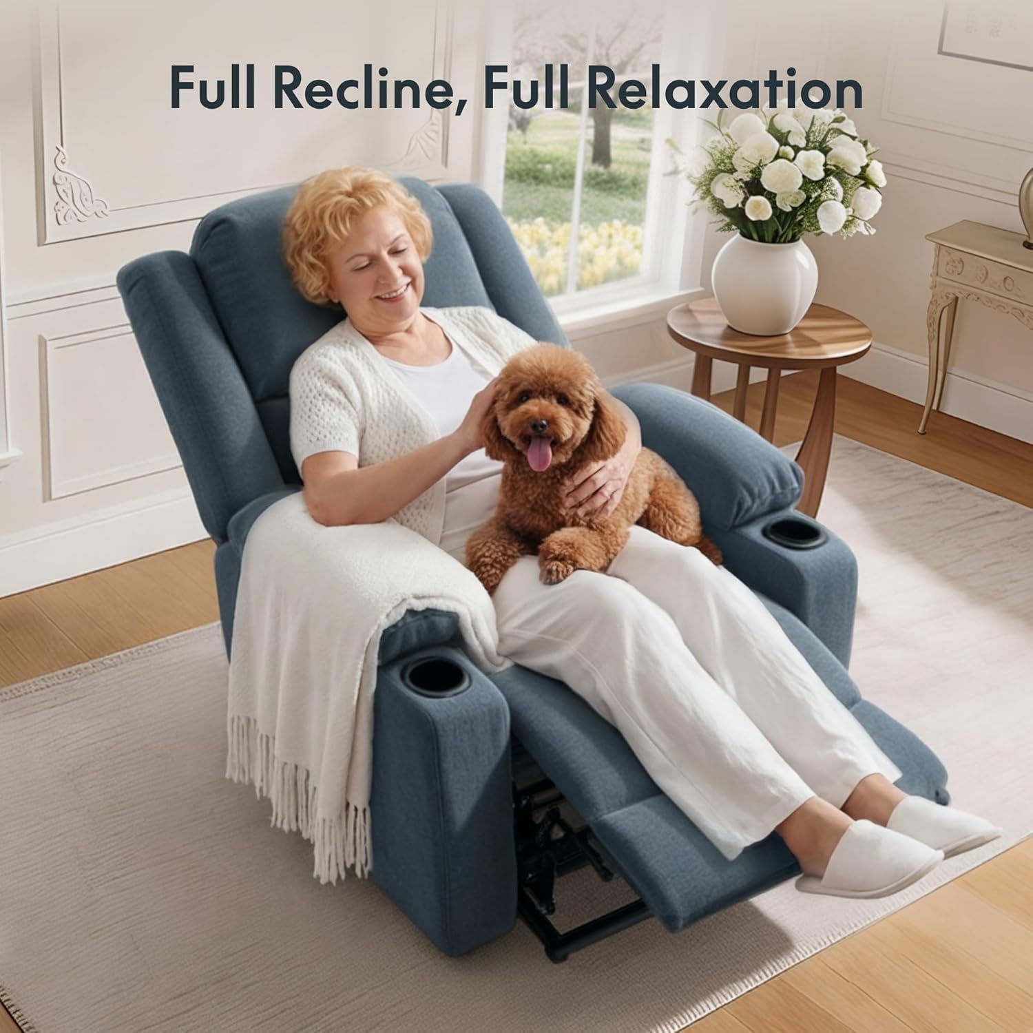 image:imageFLEXISPOT XL31 Power Lift Recliner Chair for Elderly Electric Lift Chair with Massage amp Heat PU Leather Reclining Sofa wCup Holders Side Pockets for Living Room BedroomMedium SizeBlackDenim Blue