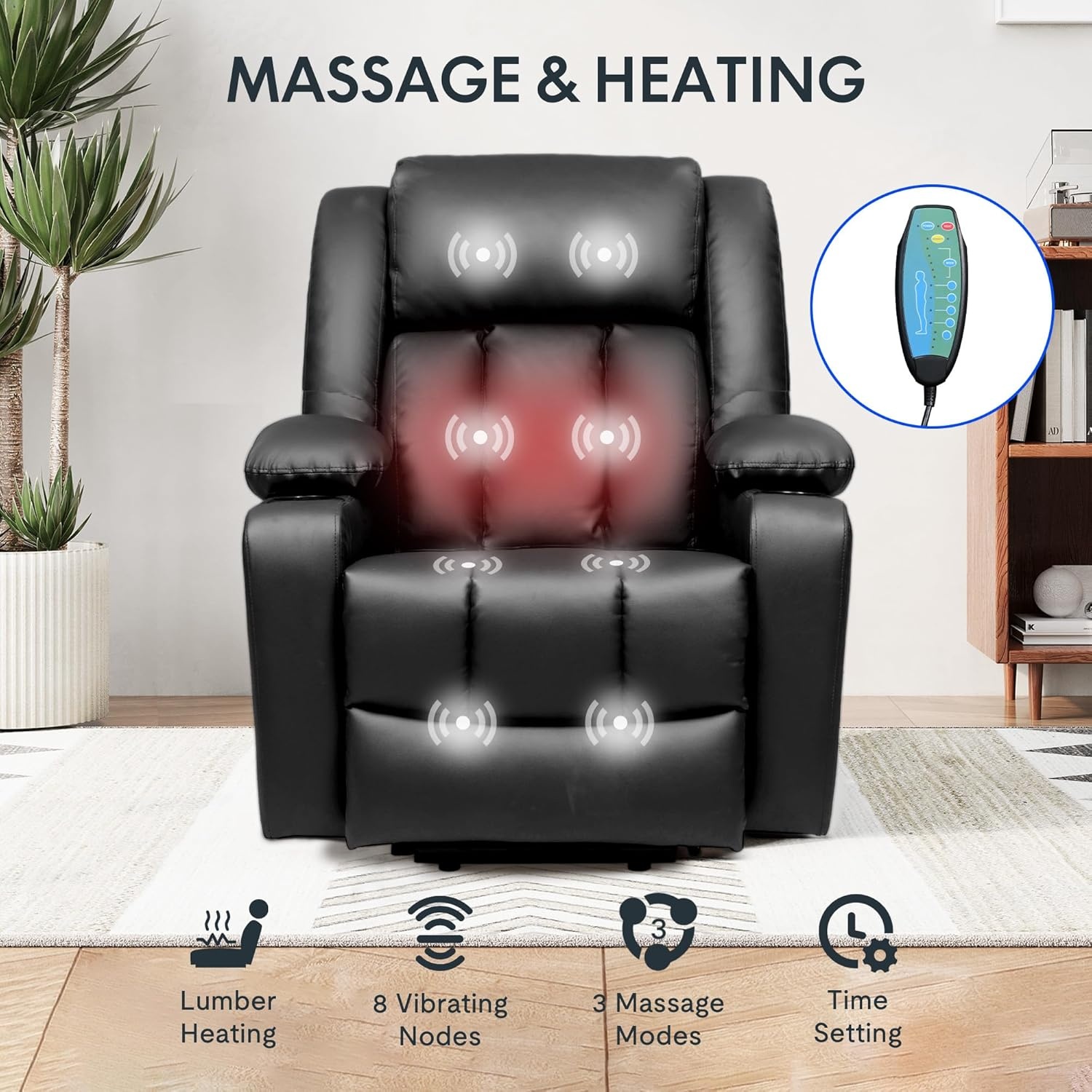 image:imageFLEXISPOT XL31 Power Lift Recliner Chair for Elderly Electric Lift Chair with Massage amp Heat PU Leather Reclining Sofa wCup Holders Side Pockets for Living Room BedroomMedium SizeBlackBlack