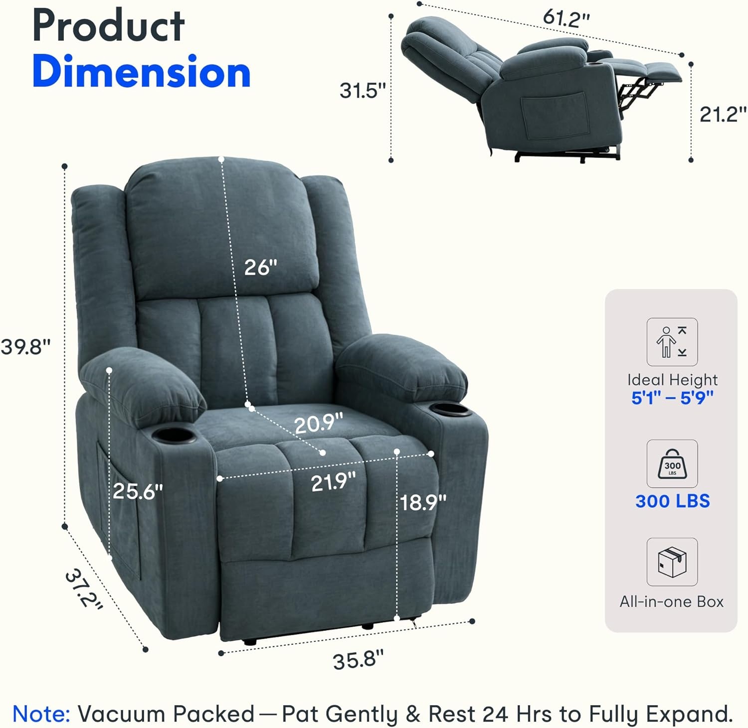 image:imageFLEXISPOT XL31 Power Lift Recliner Chair for Elderly Electric Lift Chair with Massage amp Heat PU Leather Reclining Sofa wCup Holders Side Pockets for Living Room BedroomMedium SizeBlackDenim Blue