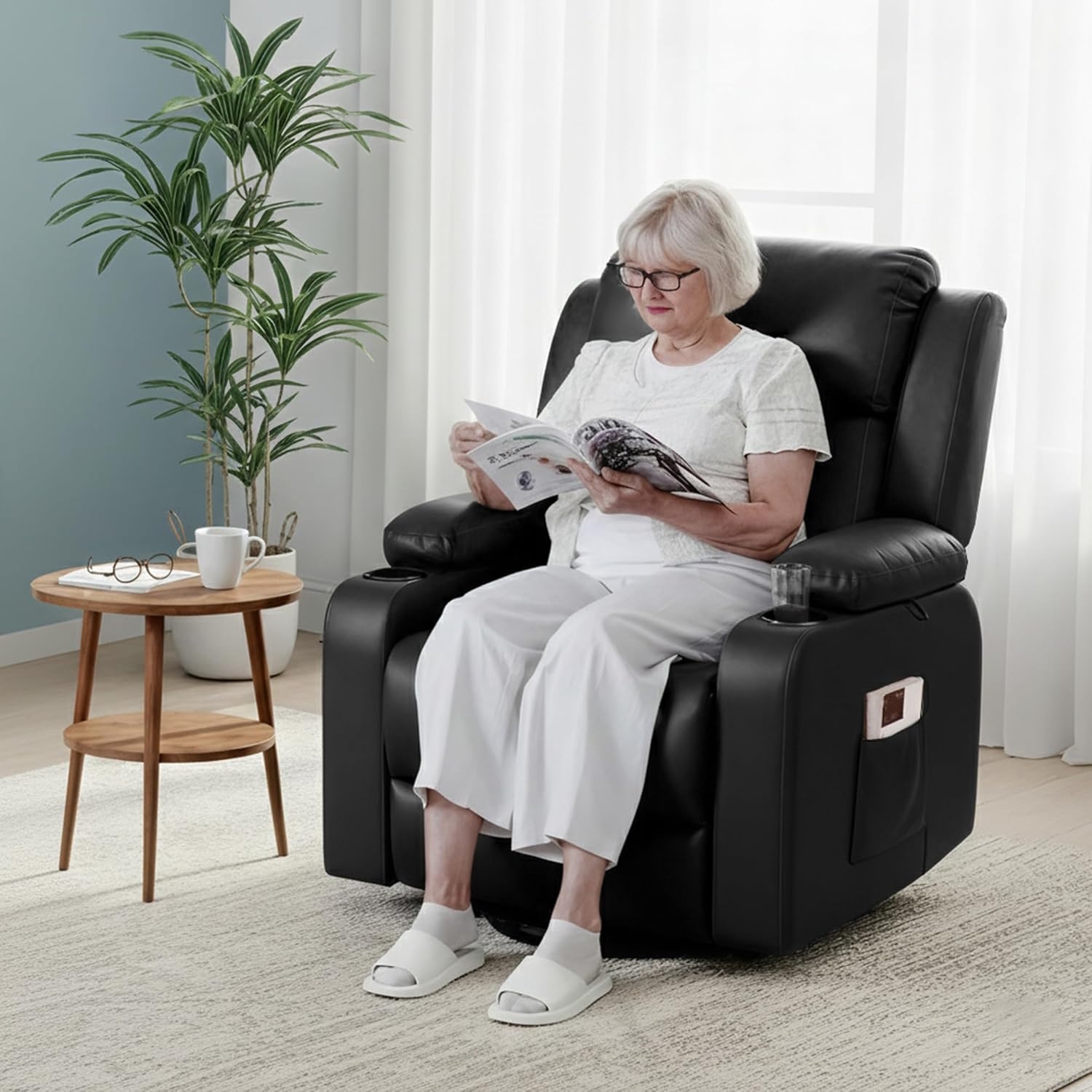 image:imageFLEXISPOT XL31 Power Lift Recliner Chair for Elderly Electric Lift Chair with Massage amp Heat PU Leather Reclining Sofa wCup Holders Side Pockets for Living Room BedroomMedium SizeBlackBlack