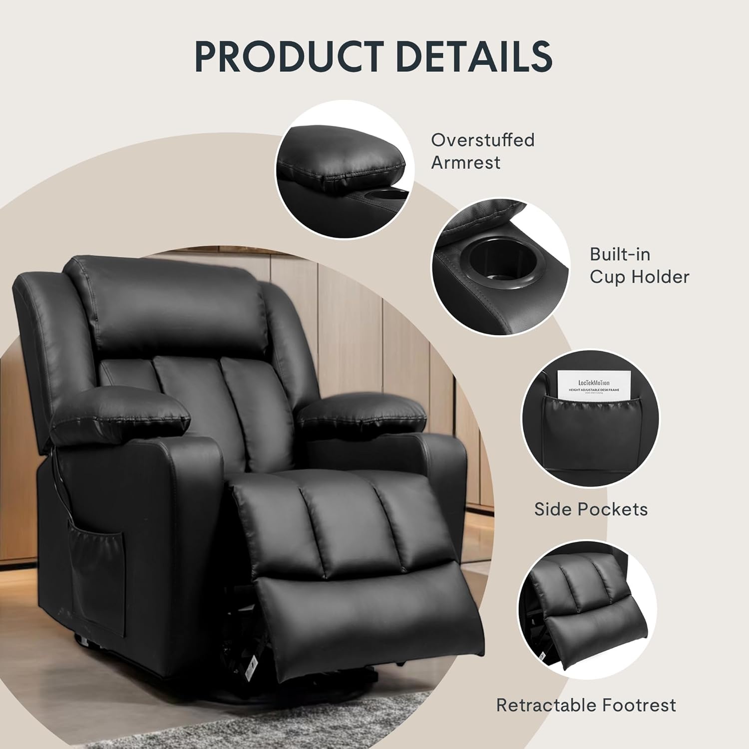 image:imageFLEXISPOT XL31 Power Lift Recliner Chair for Elderly Electric Lift Chair with Massage amp Heat PU Leather Reclining Sofa wCup Holders Side Pockets for Living Room BedroomMedium SizeBlackBlack