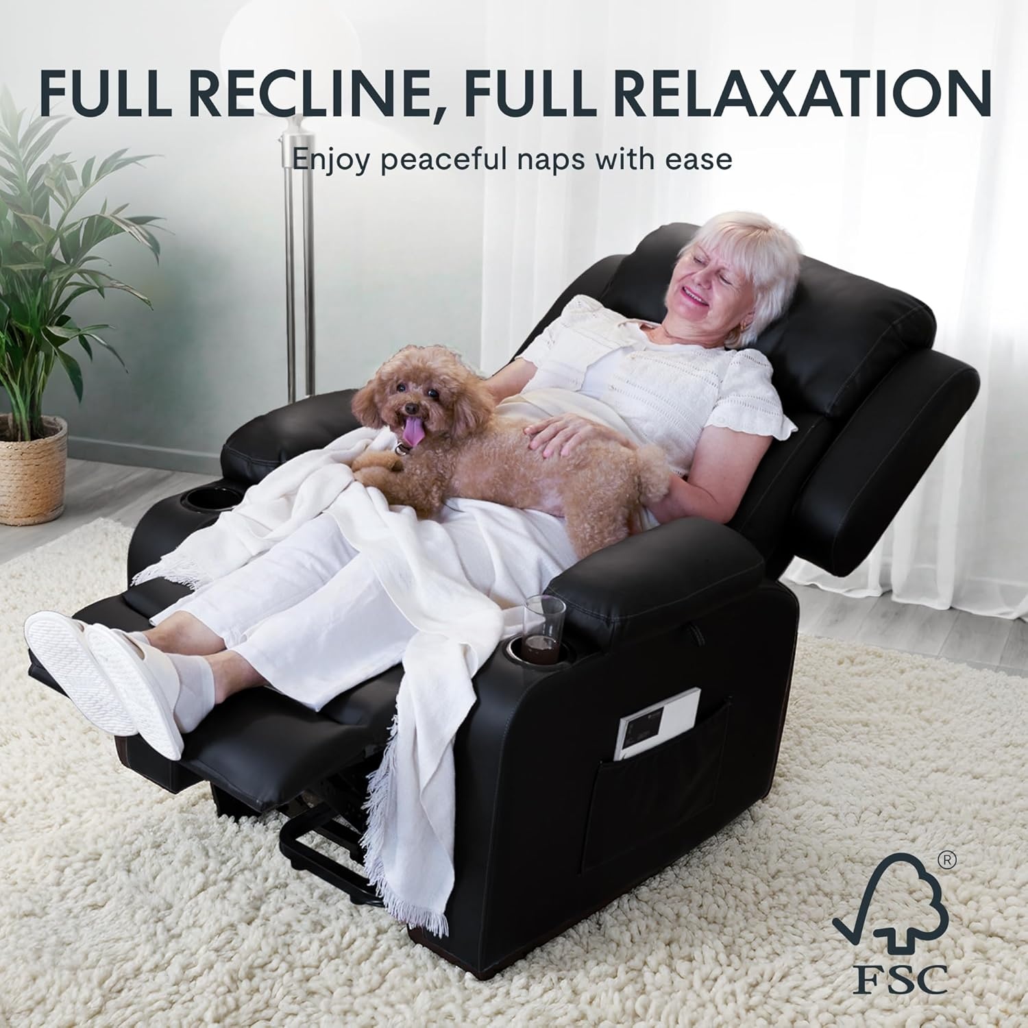 image:imageFLEXISPOT XL31 Power Lift Recliner Chair for Elderly Electric Lift Chair with Massage amp Heat PU Leather Reclining Sofa wCup Holders Side Pockets for Living Room BedroomMedium SizeBlackBlack