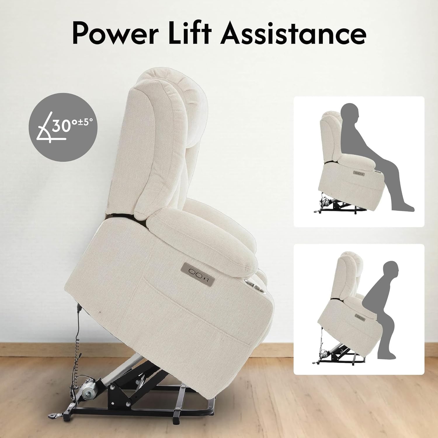 image:imageFLEXISPOT XL31 Power Lift Recliner Chair for Elderly Electric Lift Chair with Massage amp Heat PU Leather Reclining Sofa wCup Holders Side Pockets for Living Room BedroomMedium SizeBlackBeige