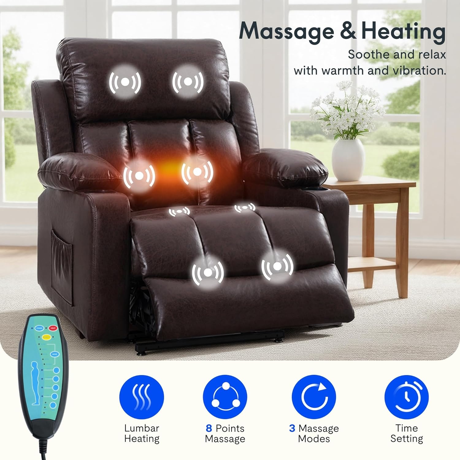 image:imageFLEXISPOT XL31 Power Lift Recliner Chair for Elderly Electric Lift Chair with Massage amp Heat PU Leather Reclining Sofa wCup Holders Side Pockets for Living Room BedroomMedium SizeBlackBrown