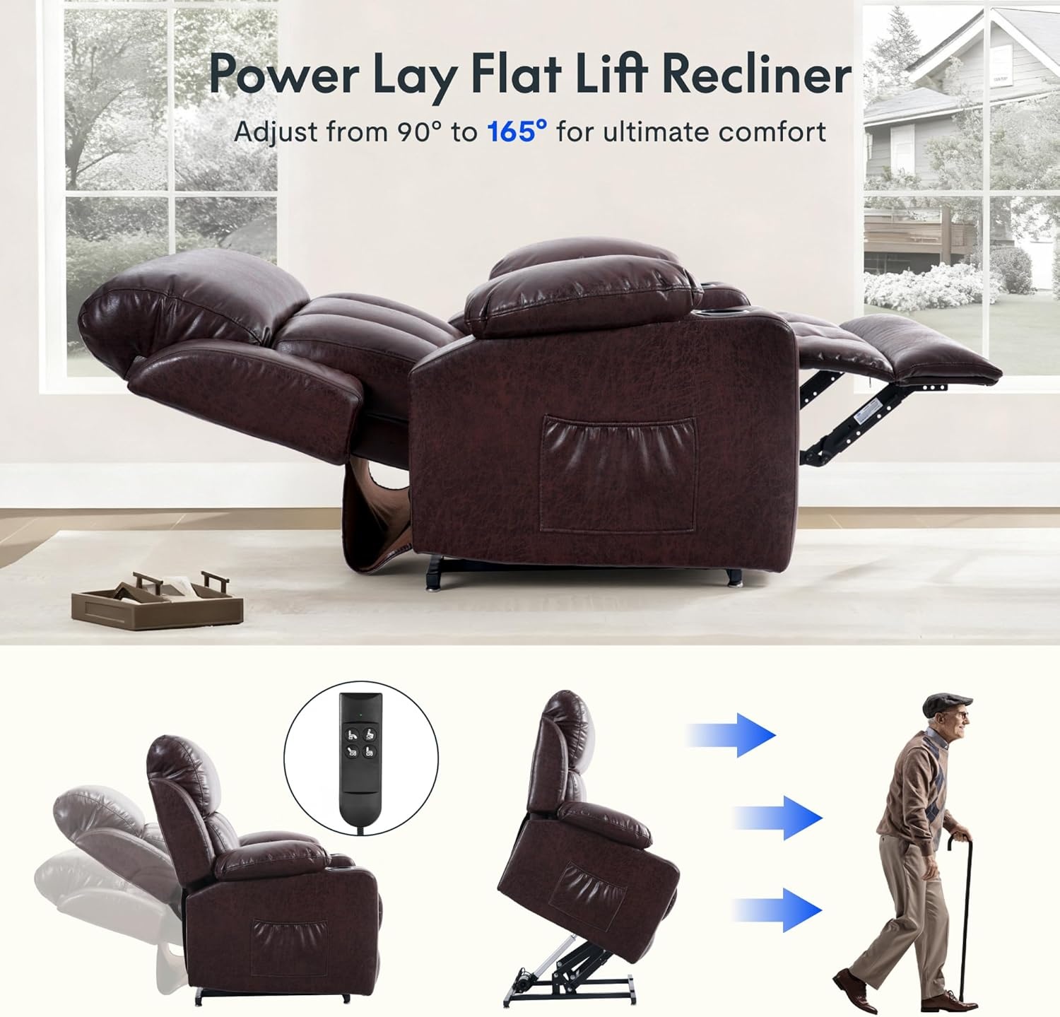 image:imageFLEXISPOT XL31 Power Lift Recliner Chair for Elderly Electric Lift Chair with Massage amp Heat PU Leather Reclining Sofa wCup Holders Side Pockets for Living Room BedroomMedium SizeBlackBrown