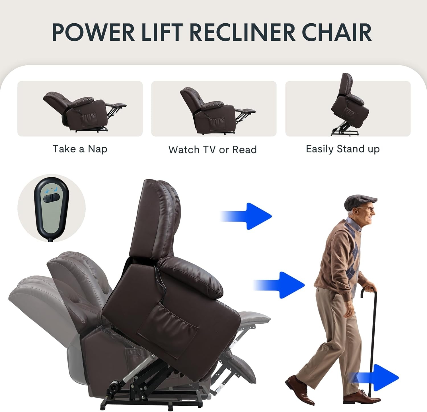 image:imageFLEXISPOT XL31 Power Lift Recliner Chair for Elderly Electric Lift Chair with Massage amp Heat PU Leather Reclining Sofa wCup Holders Side Pockets for Living Room BedroomMedium SizeBlackBrown