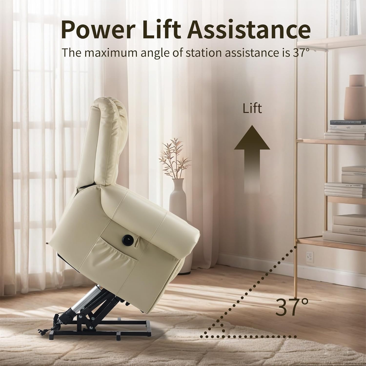image:imageFLEXISPOT XL31 Power Lift Recliner Chair for Elderly Electric Lift Chair with Massage amp Heat PU Leather Reclining Sofa wCup Holders Side Pockets for Living Room BedroomMedium SizeBlackCream