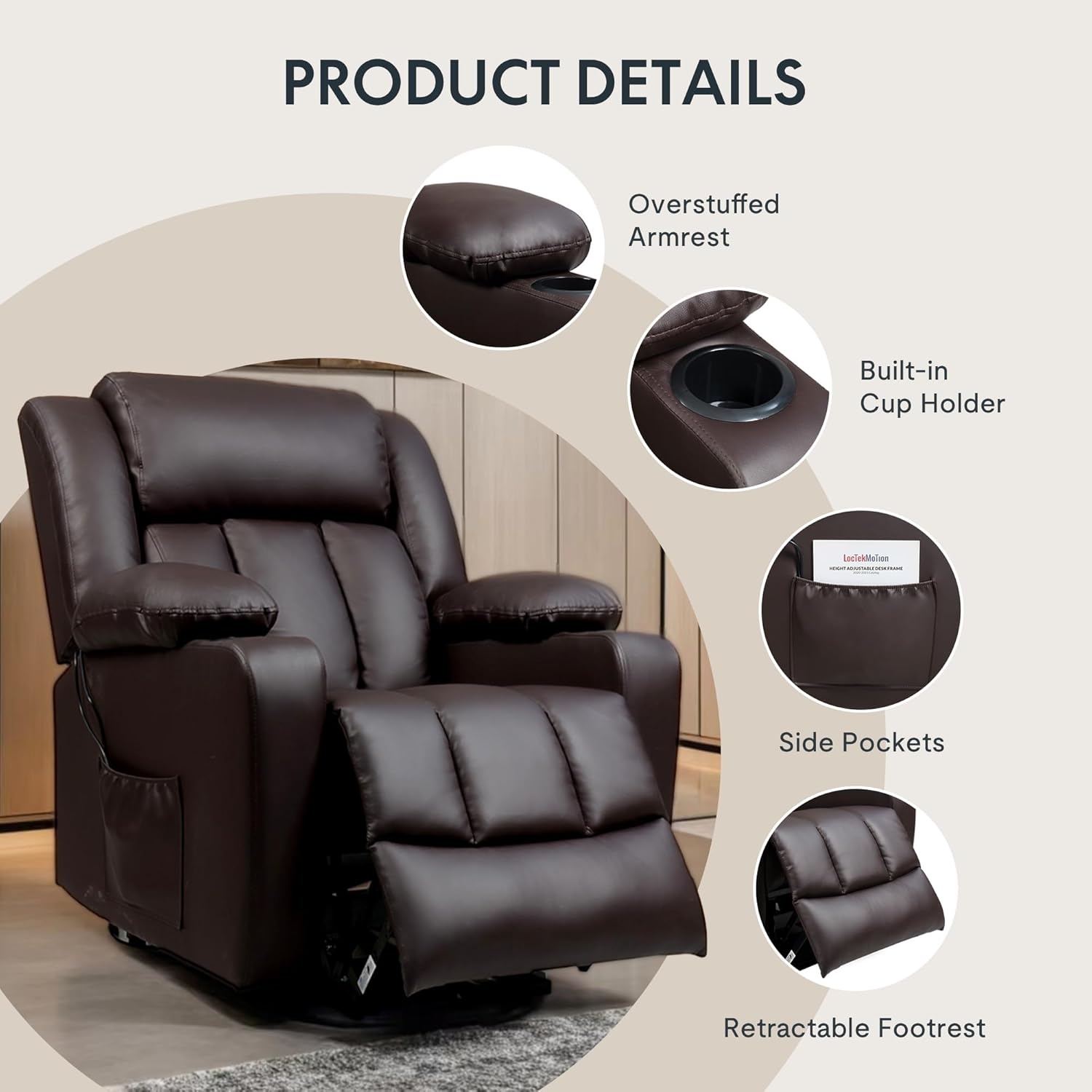 image:imageFLEXISPOT XL31 Power Lift Recliner Chair for Elderly Electric Lift Chair with Massage amp Heat PU Leather Reclining Sofa wCup Holders Side Pockets for Living Room BedroomMedium SizeBlackBrown