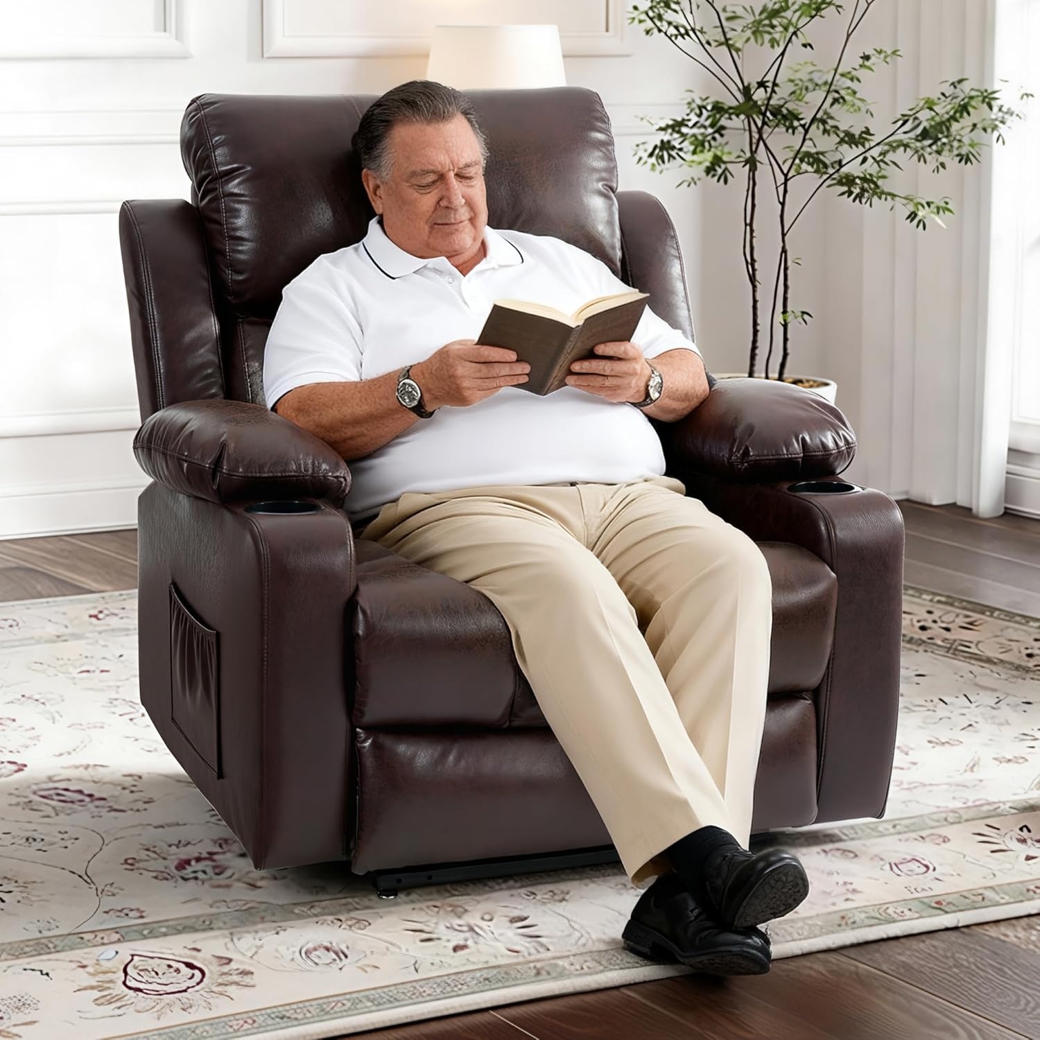 image:imageFLEXISPOT XL31 Power Lift Recliner Chair for Elderly Electric Lift Chair with Massage amp Heat PU Leather Reclining Sofa wCup Holders Side Pockets for Living Room BedroomMedium SizeBlackBrown