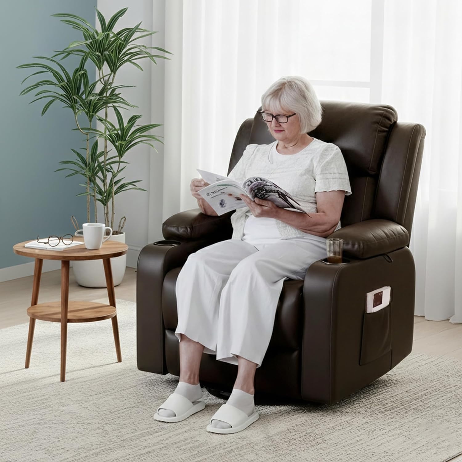 image:imageFLEXISPOT XL31 Power Lift Recliner Chair for Elderly Electric Lift Chair with Massage amp Heat PU Leather Reclining Sofa wCup Holders Side Pockets for Living Room BedroomMedium SizeBlackDarkbrown