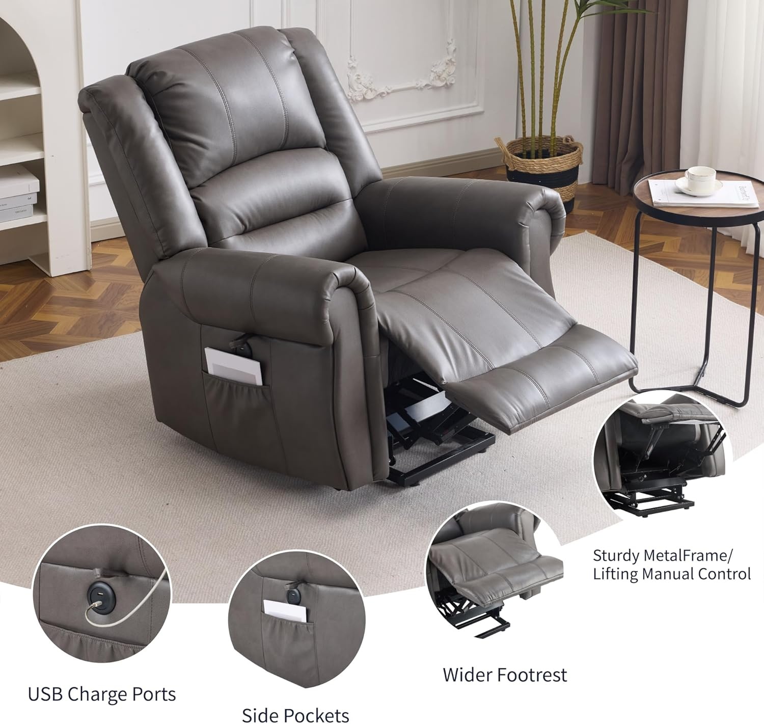 image:imageFLEXISPOT XL31 Power Lift Recliner Chair for Elderly Electric Lift Chair with Massage amp Heat PU Leather Reclining Sofa wCup Holders Side Pockets for Living Room BedroomMedium SizeBlackCharcoal Gray