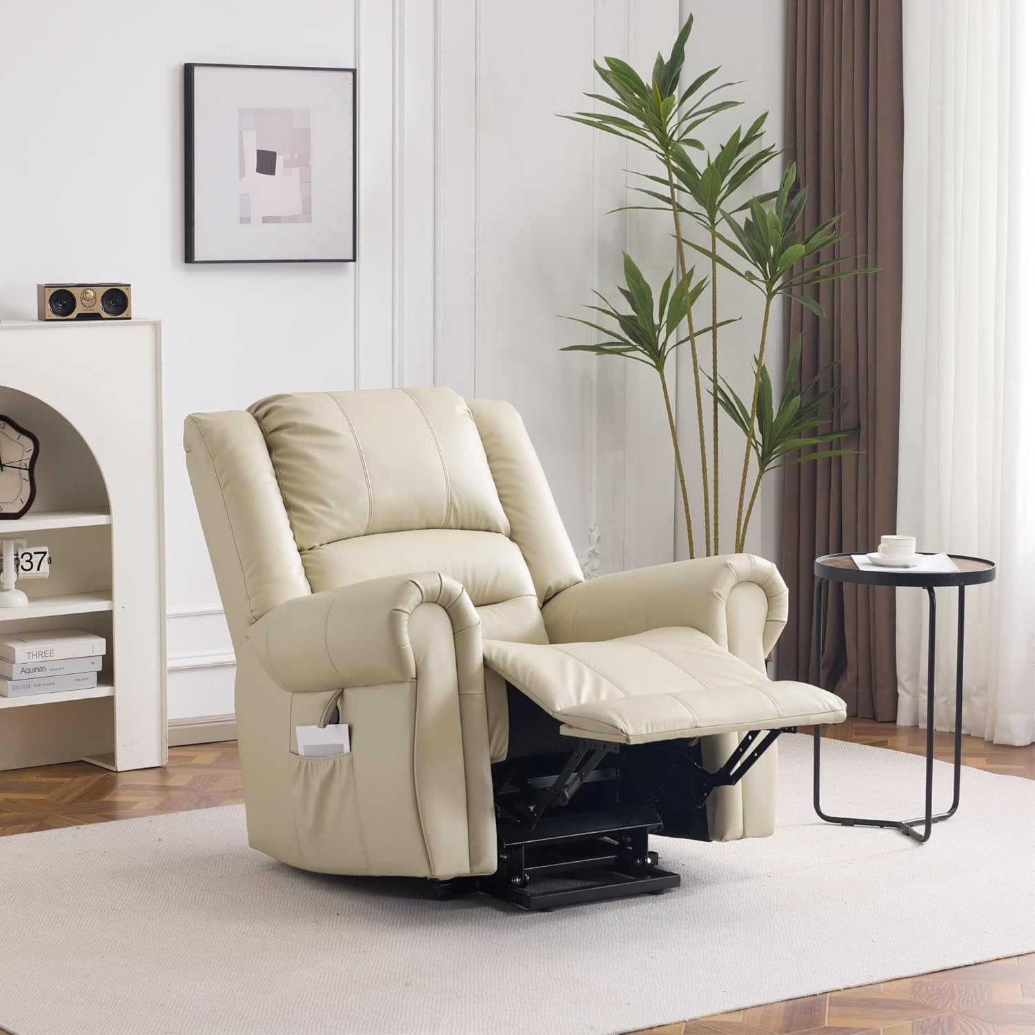 image:imageFLEXISPOT XL31 Power Lift Recliner Chair for Elderly Electric Lift Chair with Massage amp Heat PU Leather Reclining Sofa wCup Holders Side Pockets for Living Room BedroomMedium SizeBlackCream
