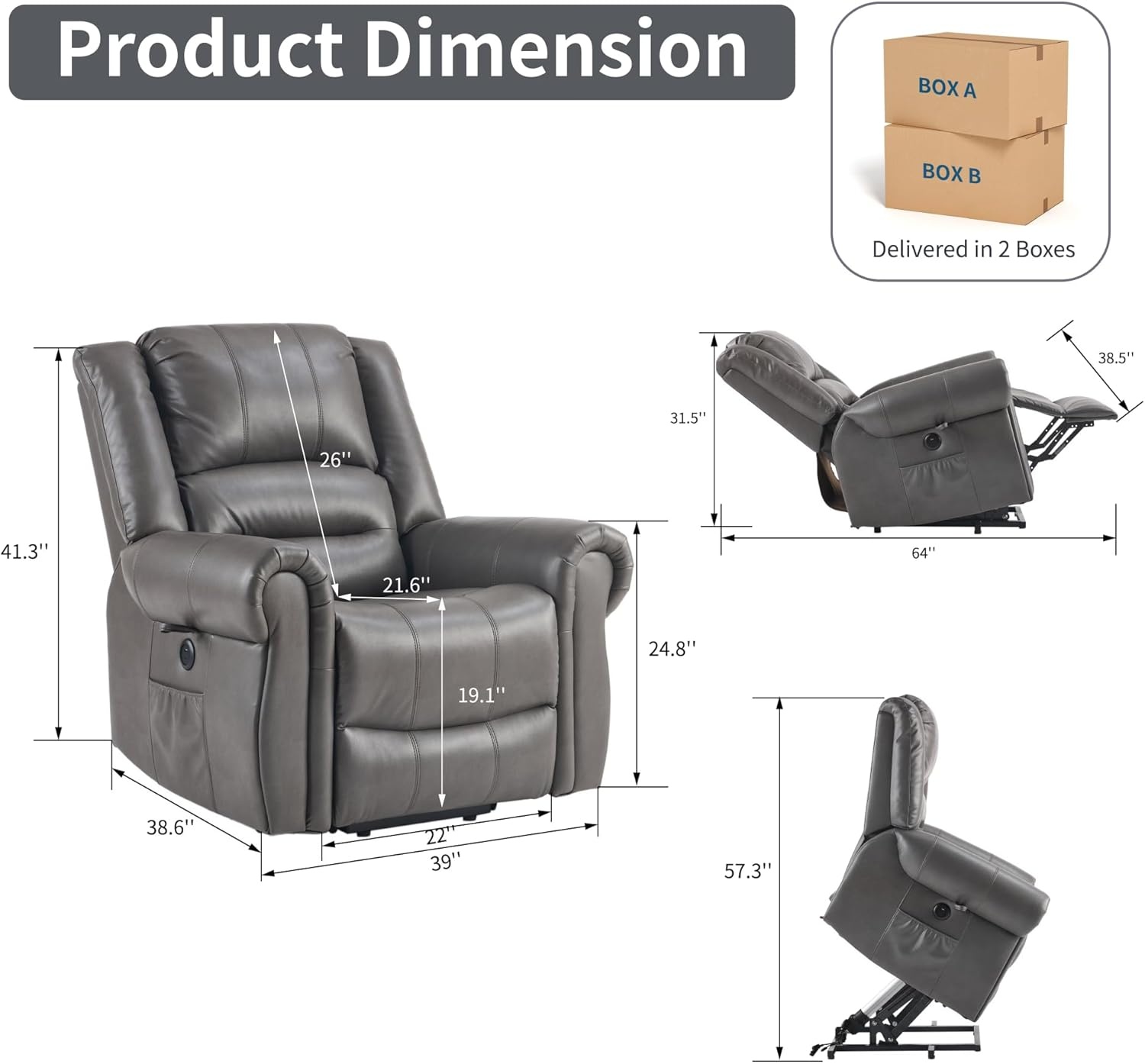 image:imageFLEXISPOT XL31 Power Lift Recliner Chair for Elderly Electric Lift Chair with Massage amp Heat PU Leather Reclining Sofa wCup Holders Side Pockets for Living Room BedroomMedium SizeBlackCharcoal Gray