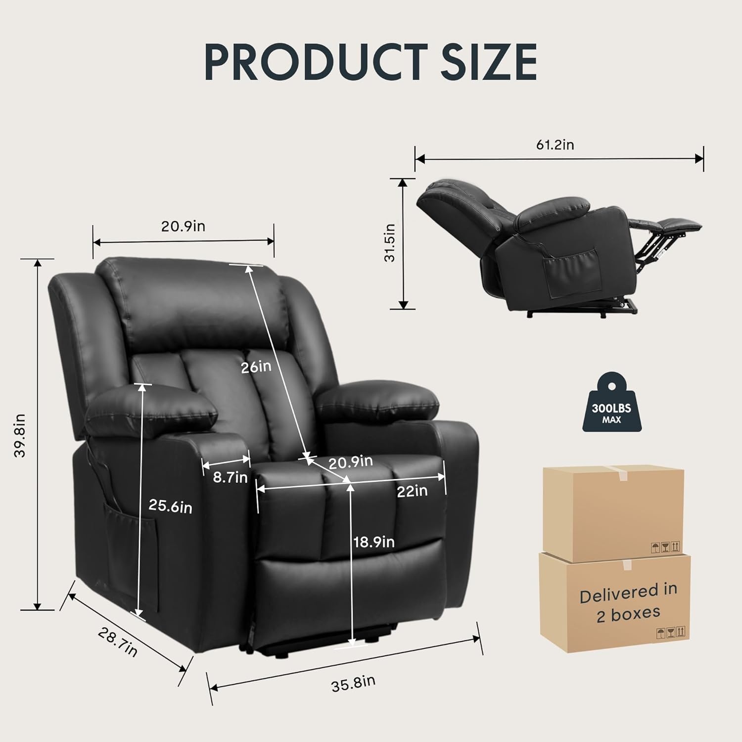 image:imageFLEXISPOT XL31 Power Lift Recliner Chair for Elderly Electric Lift Chair with Massage amp Heat PU Leather Reclining Sofa wCup Holders Side Pockets for Living Room BedroomMedium SizeBlackBlack