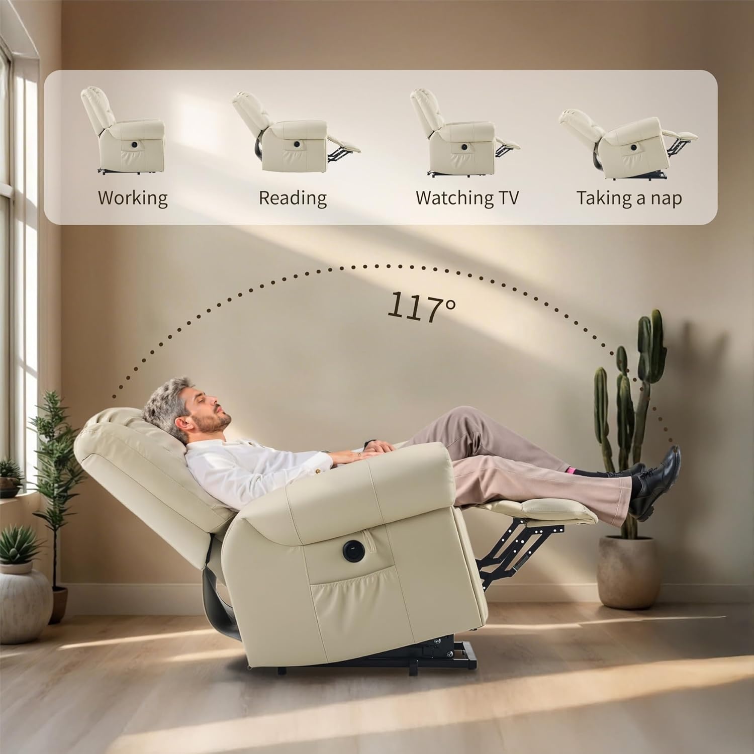 image:imageFLEXISPOT XL31 Power Lift Recliner Chair for Elderly Electric Lift Chair with Massage amp Heat PU Leather Reclining Sofa wCup Holders Side Pockets for Living Room BedroomMedium SizeBlackCream