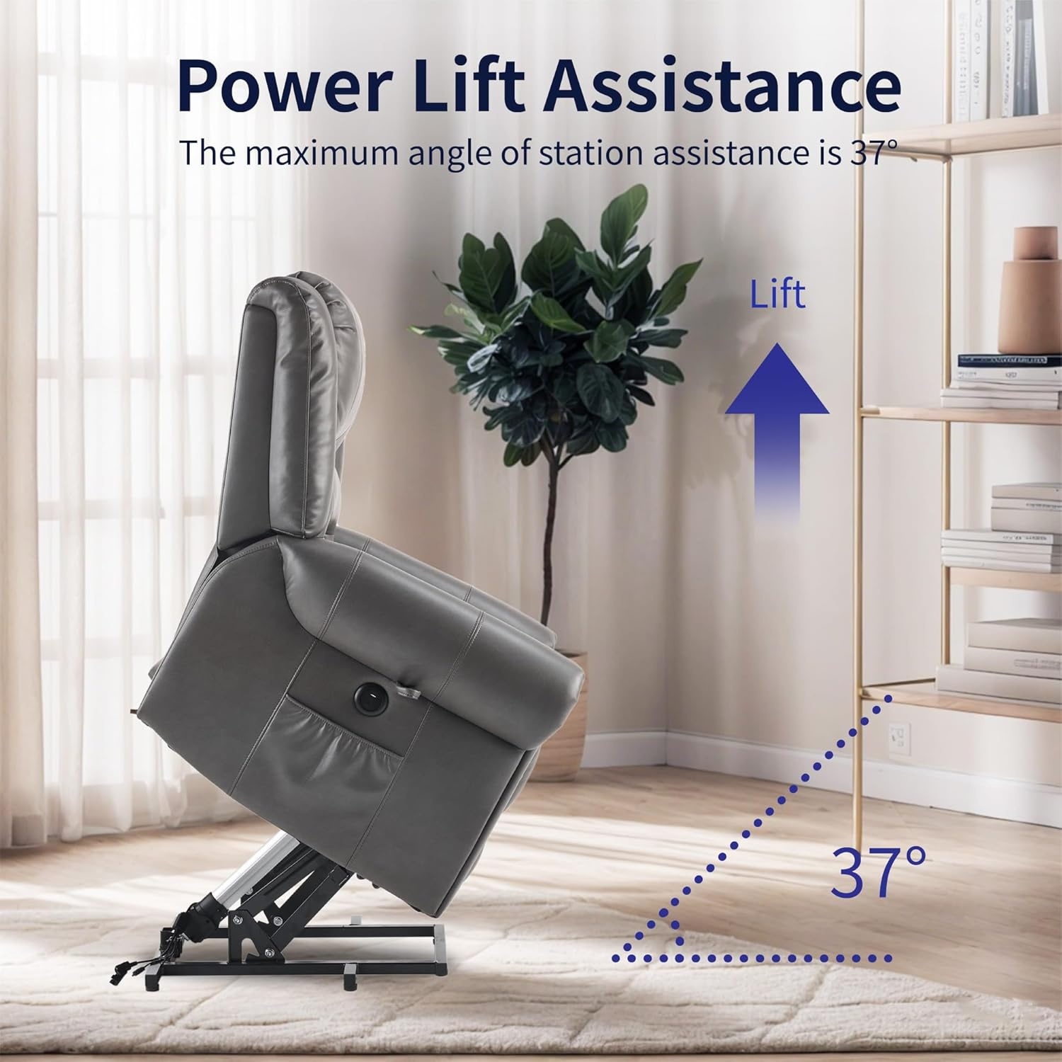 image:imageFLEXISPOT XL31 Power Lift Recliner Chair for Elderly Electric Lift Chair with Massage amp Heat PU Leather Reclining Sofa wCup Holders Side Pockets for Living Room BedroomMedium SizeBlackCharcoal Gray