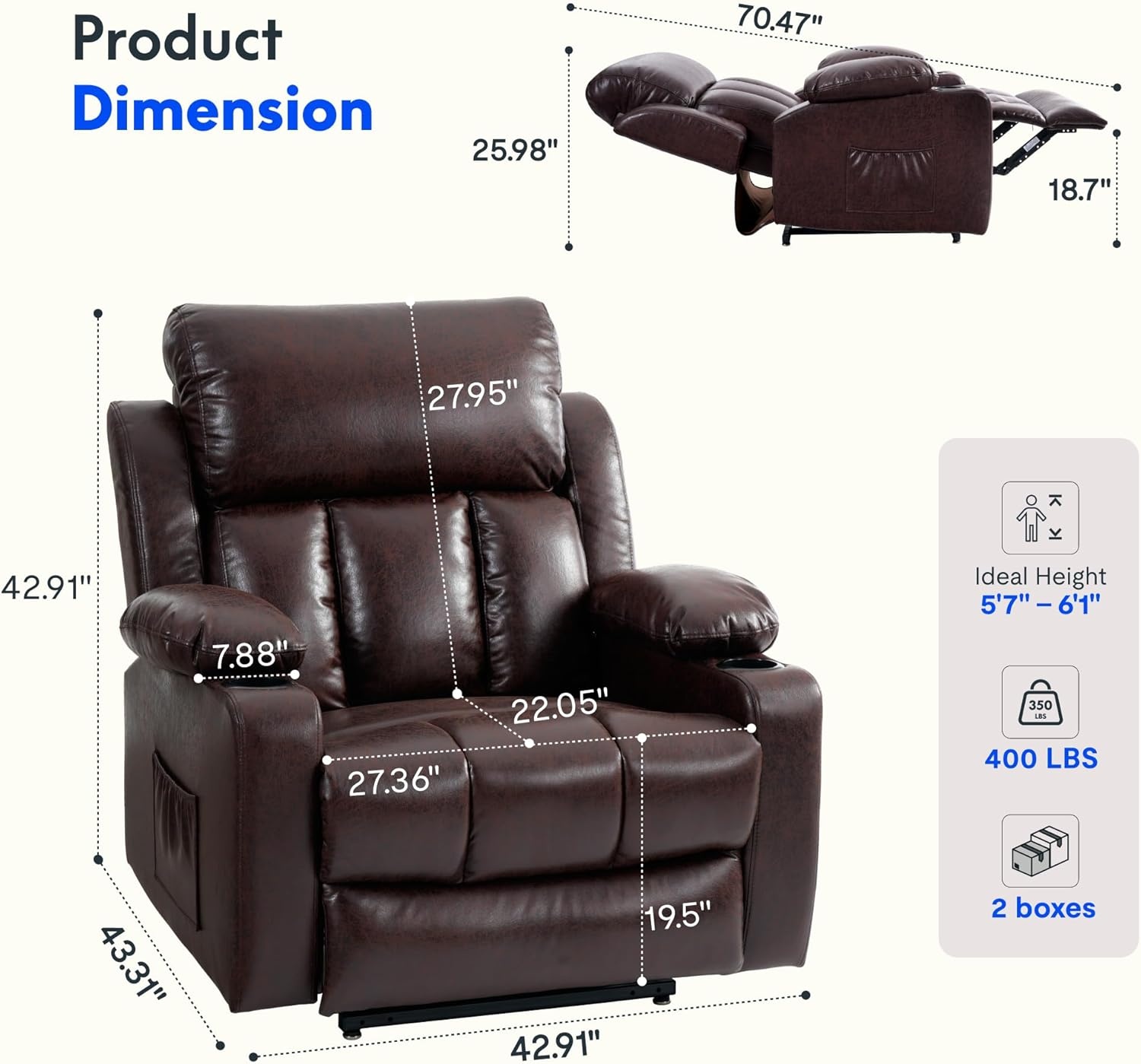 image:imageFLEXISPOT XL31 Power Lift Recliner Chair for Elderly Electric Lift Chair with Massage amp Heat PU Leather Reclining Sofa wCup Holders Side Pockets for Living Room BedroomMedium SizeBlackBrown