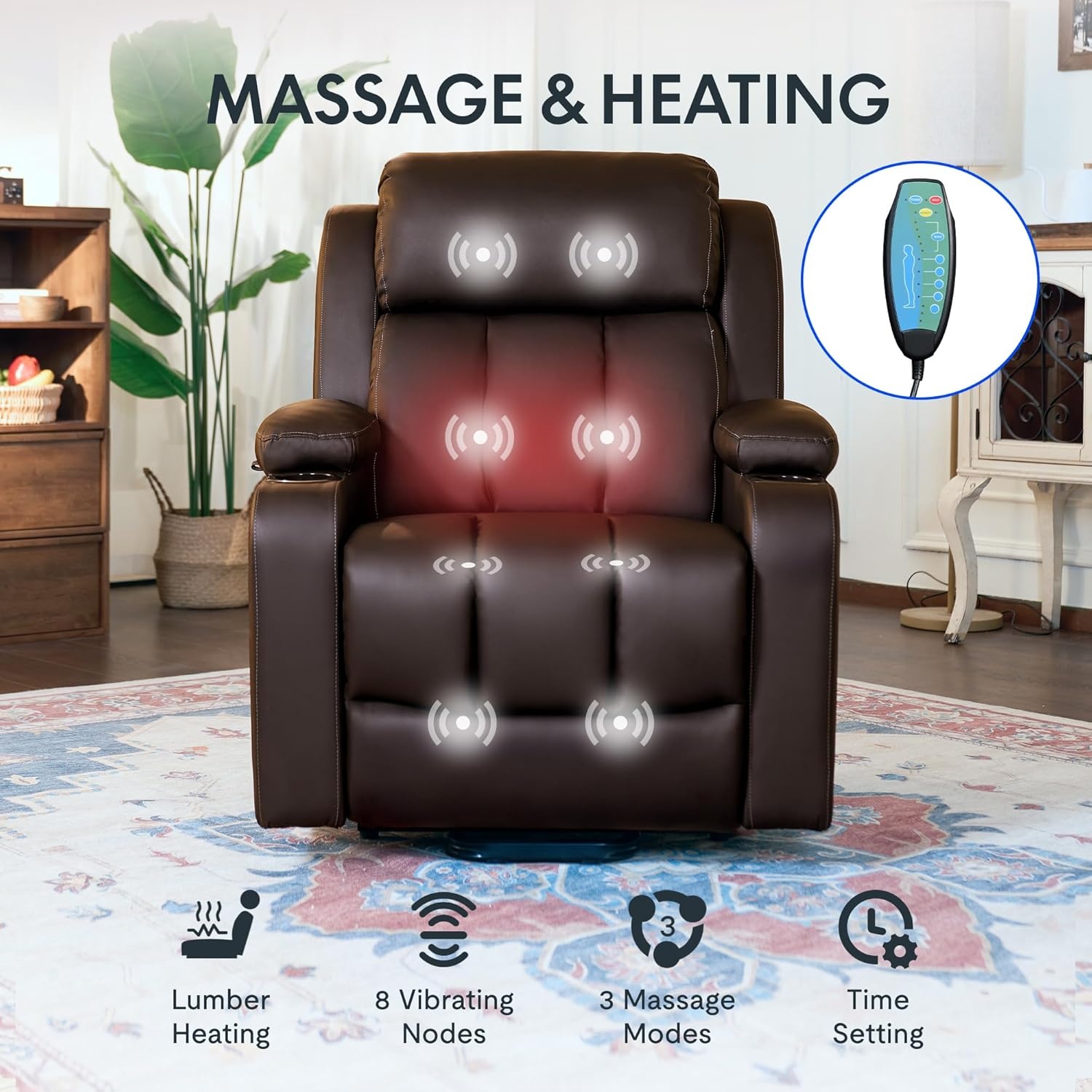 image:imageFLEXISPOT XL31 Power Lift Recliner Chair for Elderly Electric Lift Chair with Massage amp Heat PU Leather Reclining Sofa wCup Holders Side Pockets for Living Room BedroomMedium SizeBlackDarkbrown