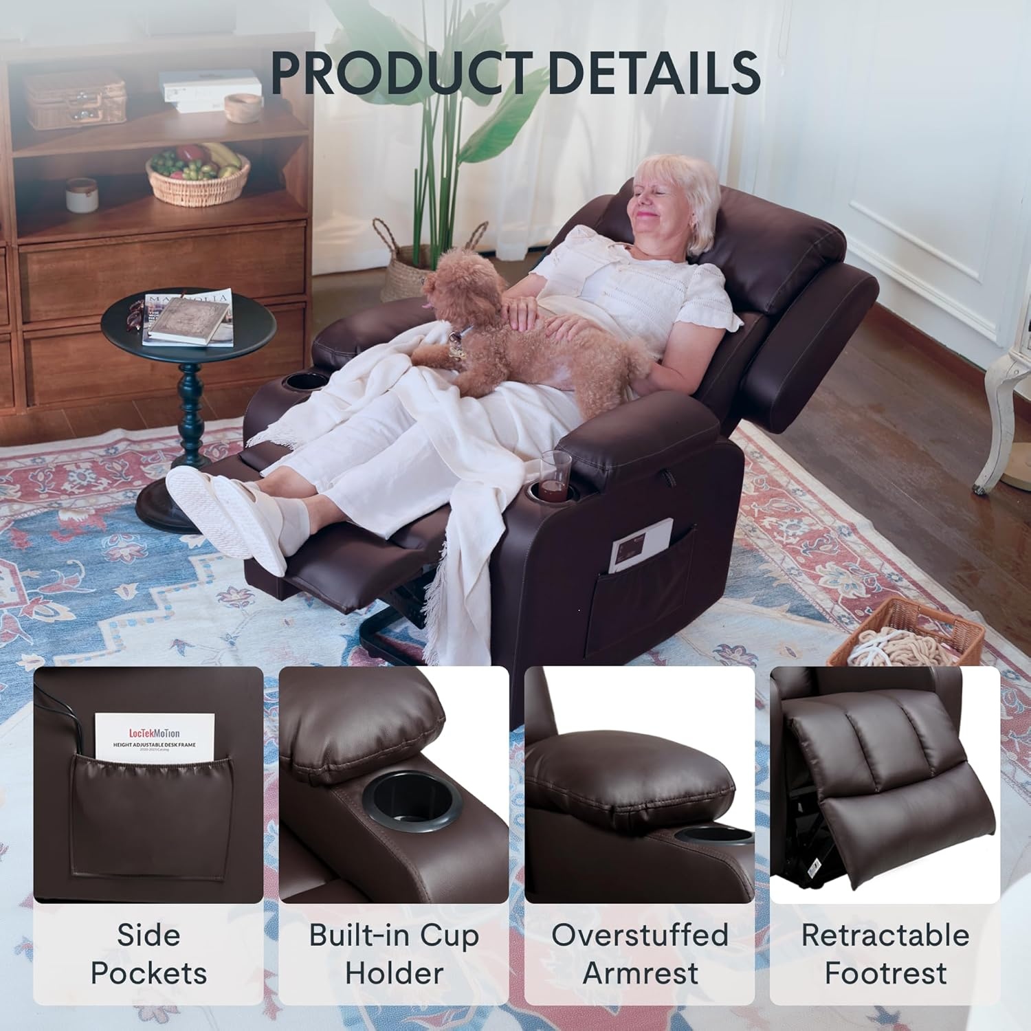 image:imageFLEXISPOT XL31 Power Lift Recliner Chair for Elderly Electric Lift Chair with Massage amp Heat PU Leather Reclining Sofa wCup Holders Side Pockets for Living Room BedroomMedium SizeBlackDarkbrown